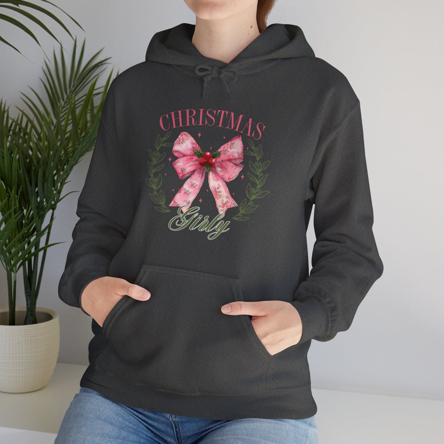 Christmas Girly Hoodie – Pink Bow Wreath Holiday Sweatshirt