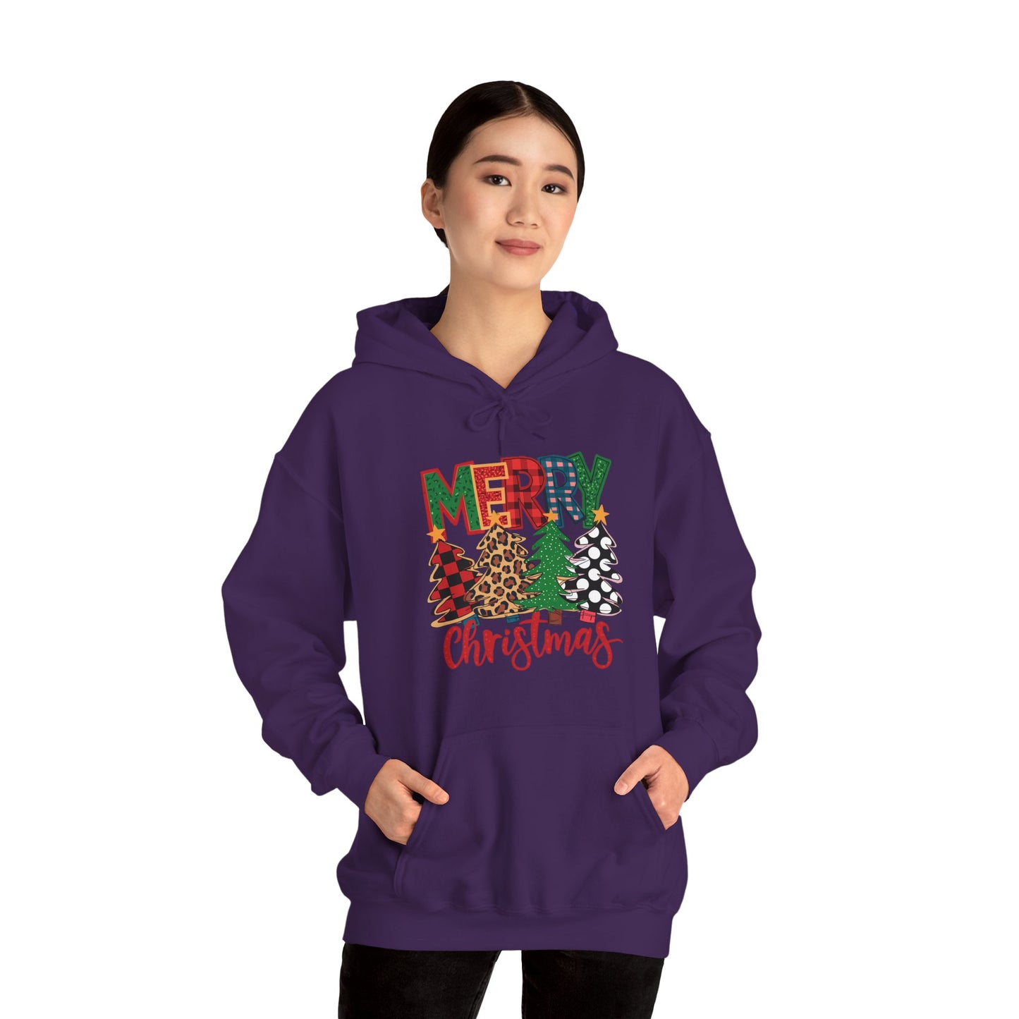 Merry Christmas Pine Tree Hoodie — Festive Buffalo Plaid Holiday Sweatshirt