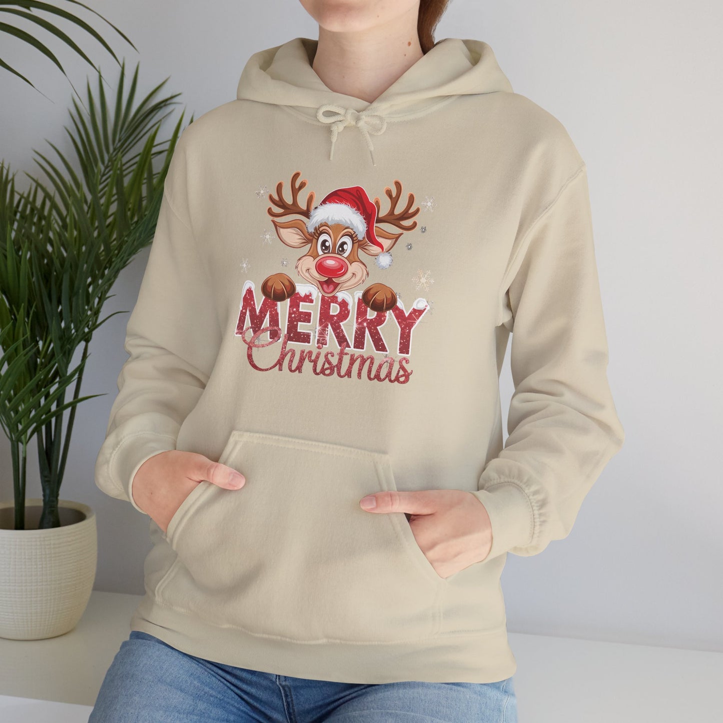 Christmas Reindeer Hoodie - 'Merry Christmas' Cute Santa Reindeer Holiday Sweatshirt