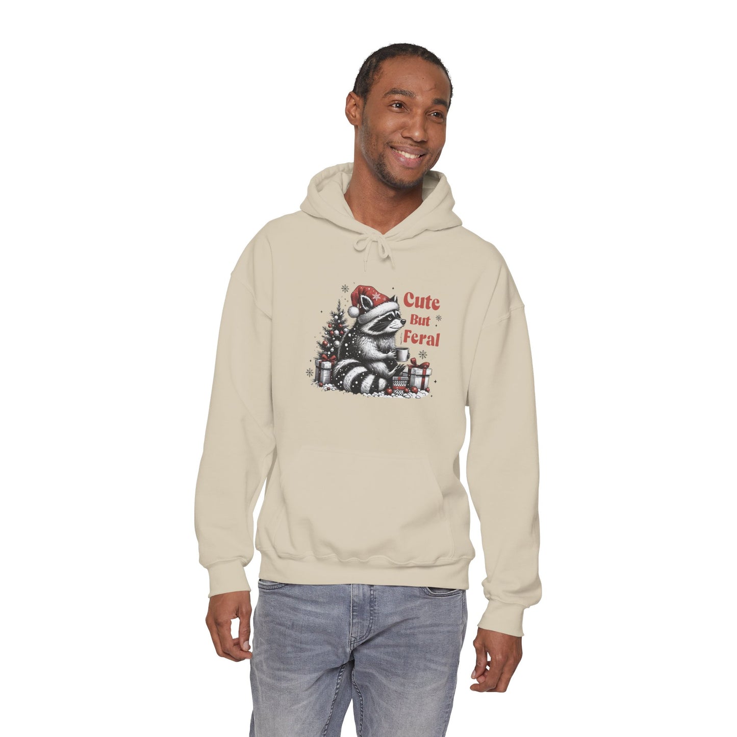 Cute But Feral Raccoon Holiday Hoodie — Christmas Animal Graphic Sweatshirt