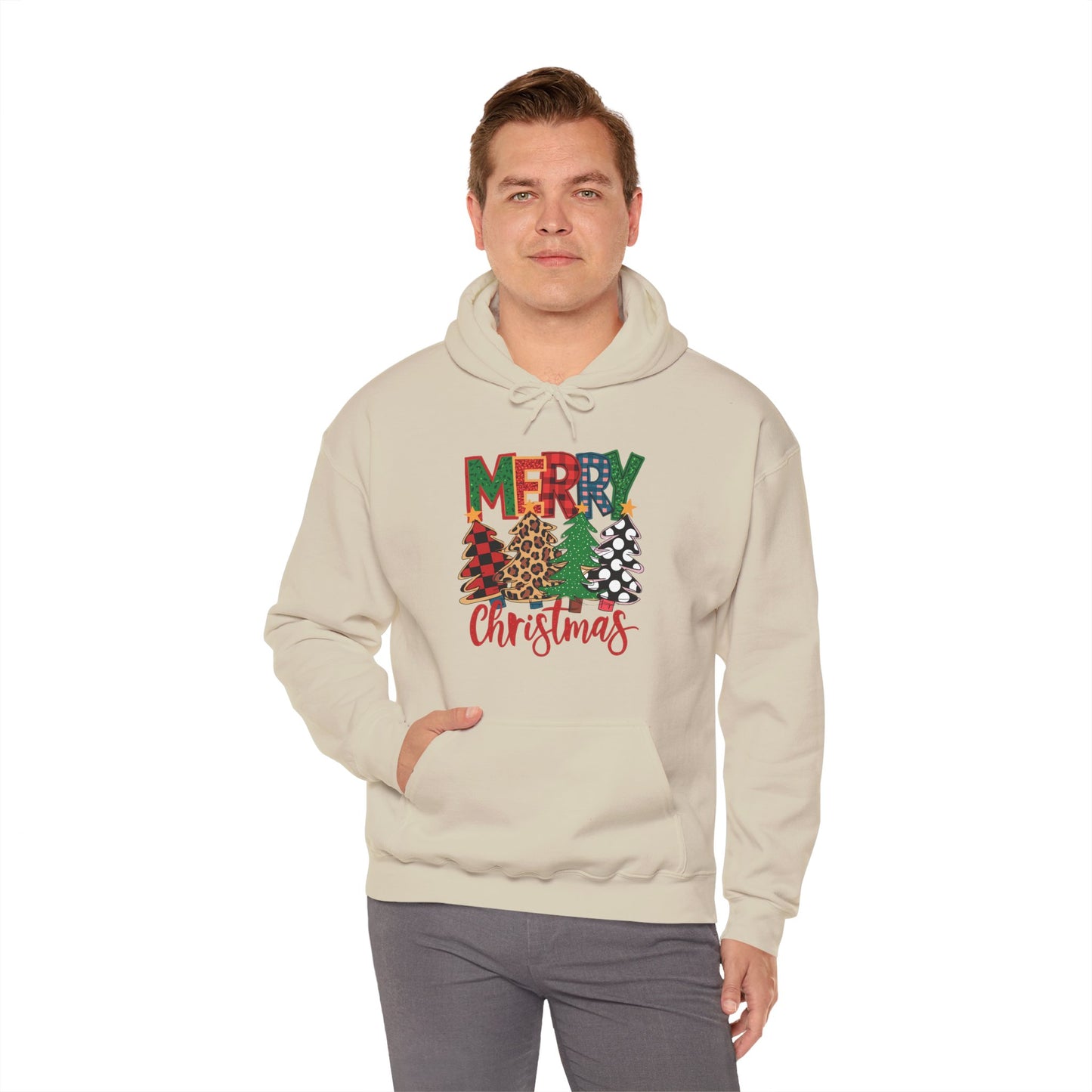 Merry Christmas Pine Tree Hoodie — Festive Buffalo Plaid Holiday Sweatshirt