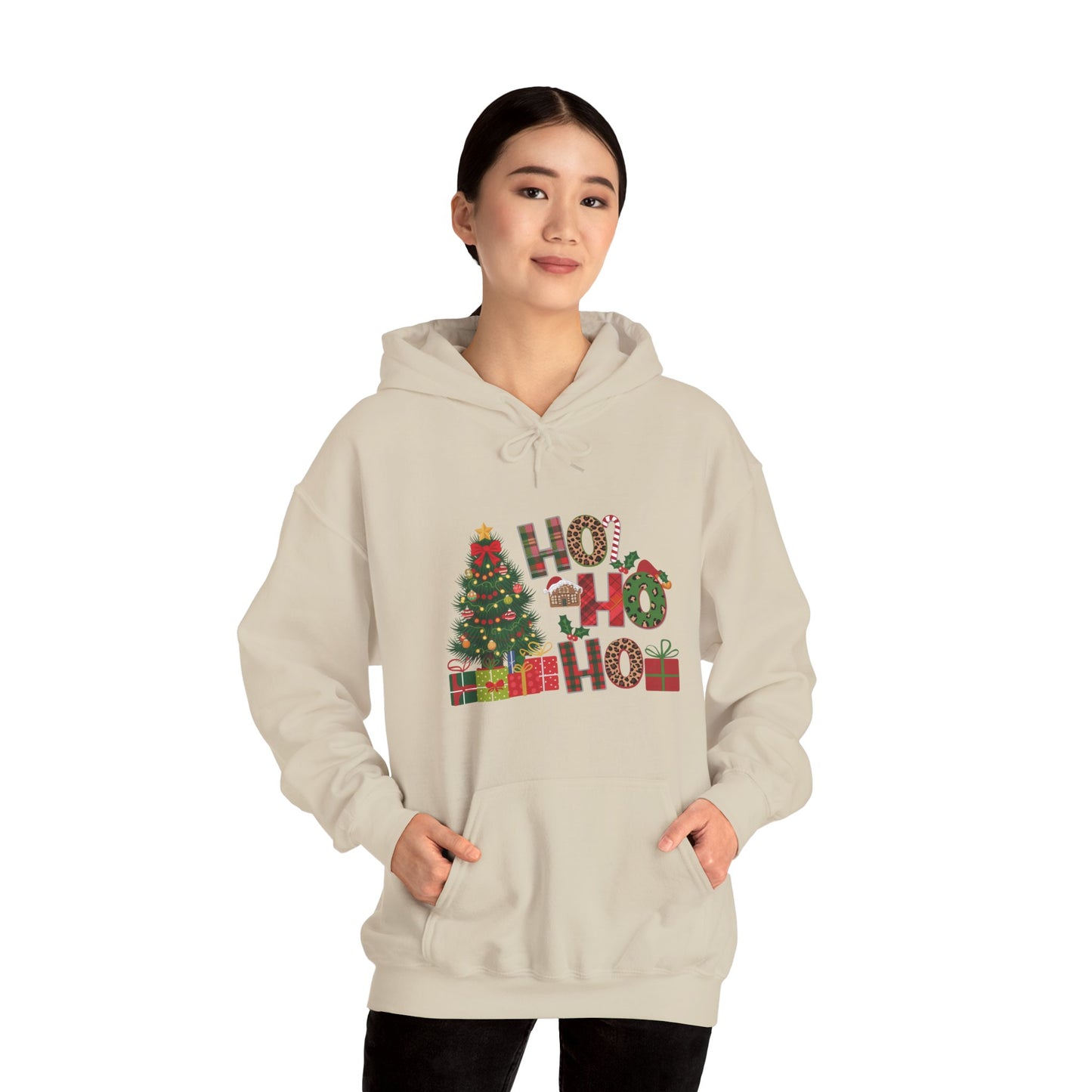 Christmas 'Ho Ho Ho' Hoodie with Tree & Gifts - Festive Holiday Sweatshirt