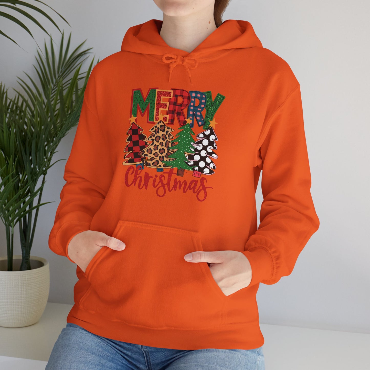 Merry Christmas Pine Tree Hoodie — Festive Buffalo Plaid Holiday Sweatshirt