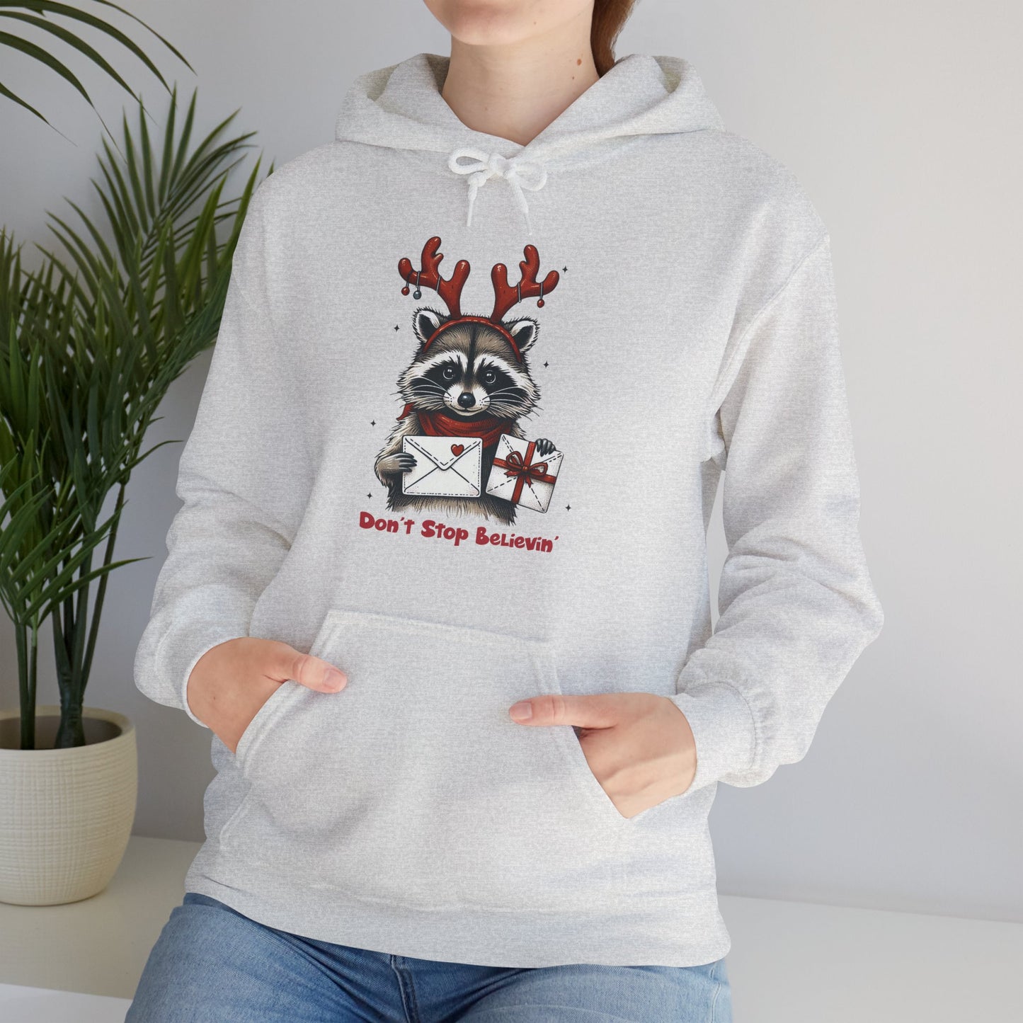 Christmas Raccoon Hoodie — 'Don't Stop Believin'' Festive Holiday Sweatshirt