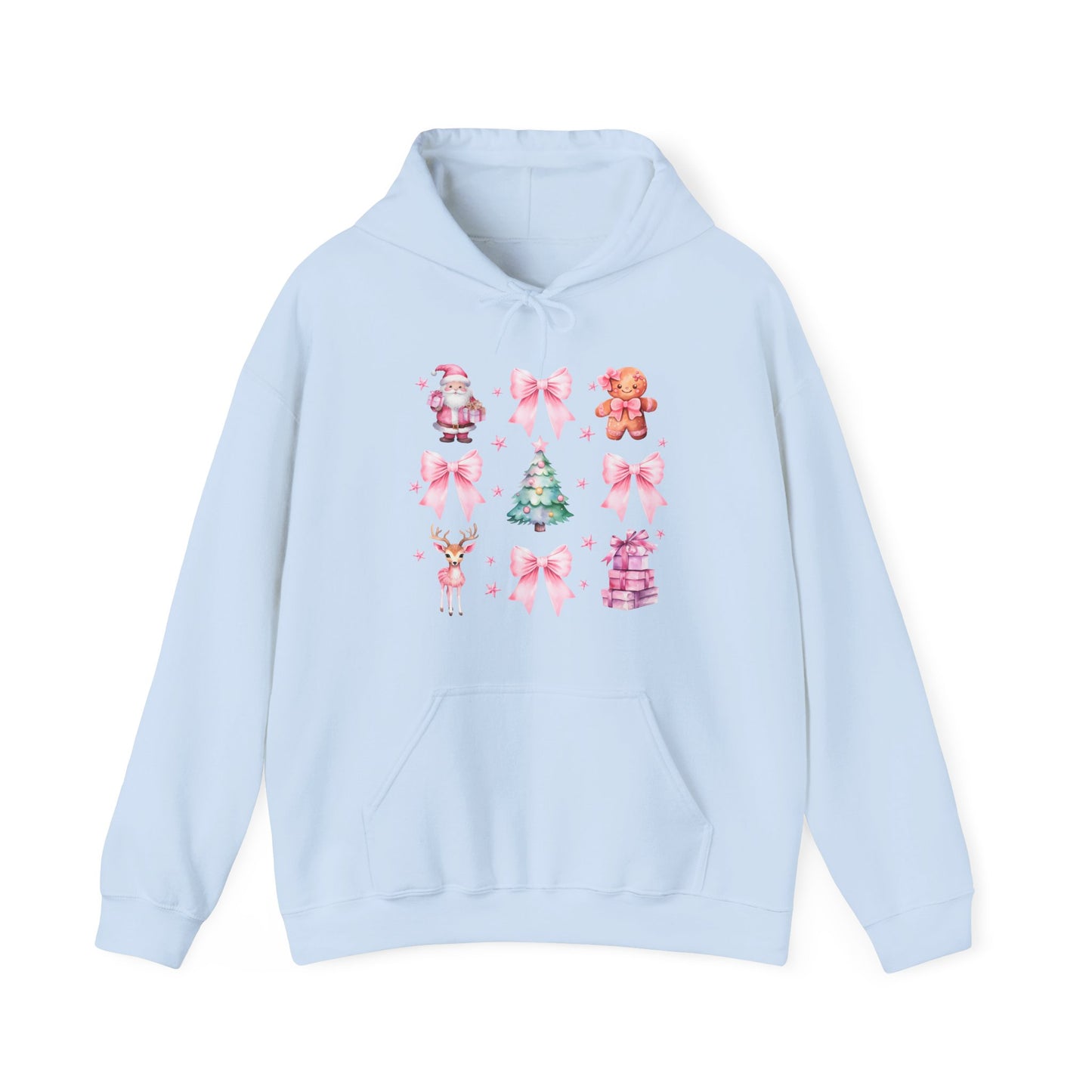 Christmas Graphic Hoodie — Pink Holiday Icons (Santa, Tree, Gingerbread, Bows)