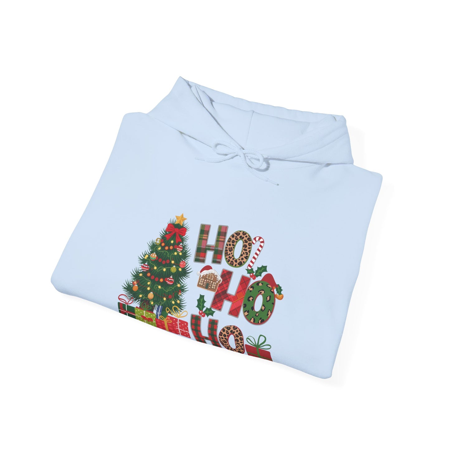 Christmas 'Ho Ho Ho' Hoodie with Tree & Gifts - Festive Holiday Sweatshirt