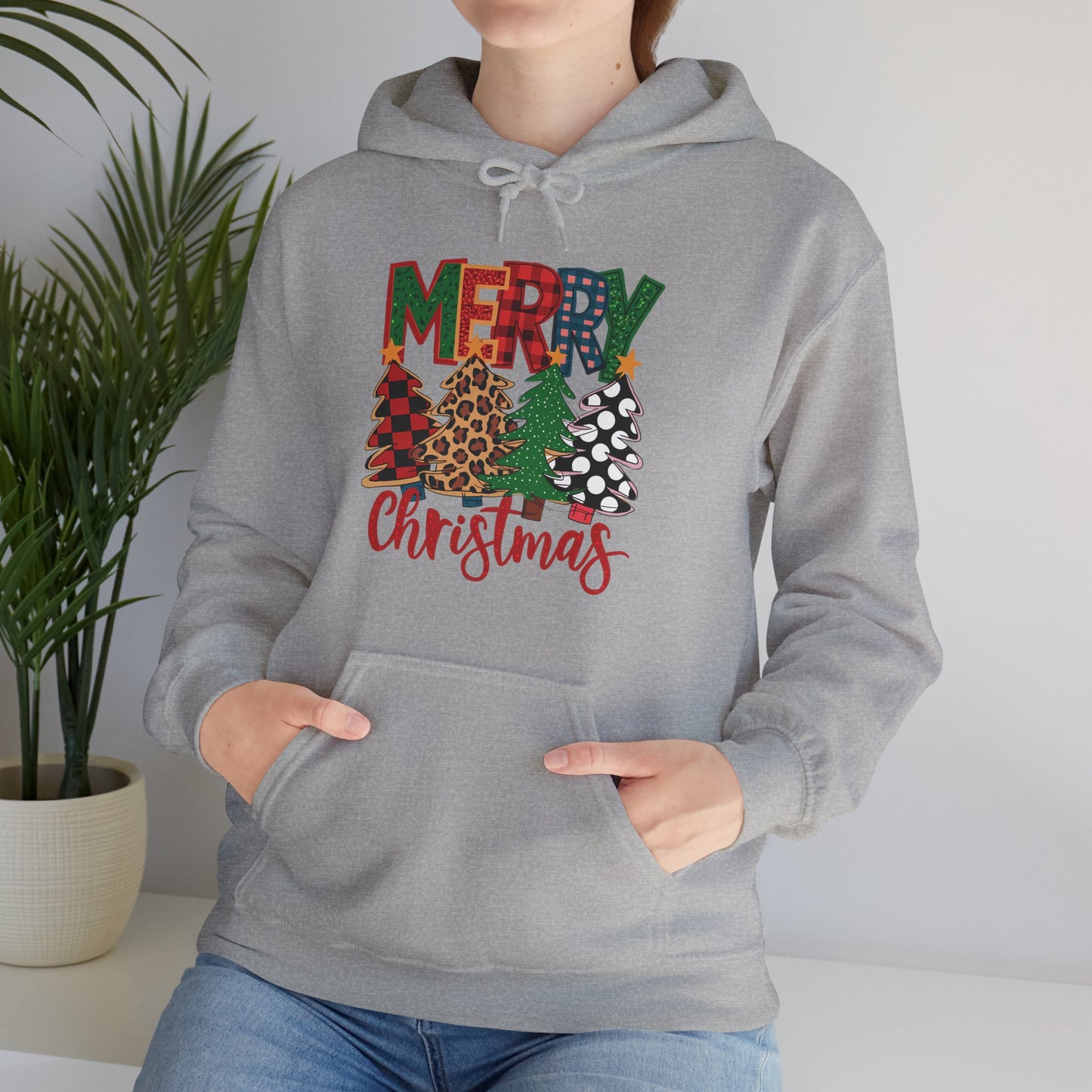 Merry Christmas Pine Tree Hoodie — Festive Buffalo Plaid Holiday Sweatshirt