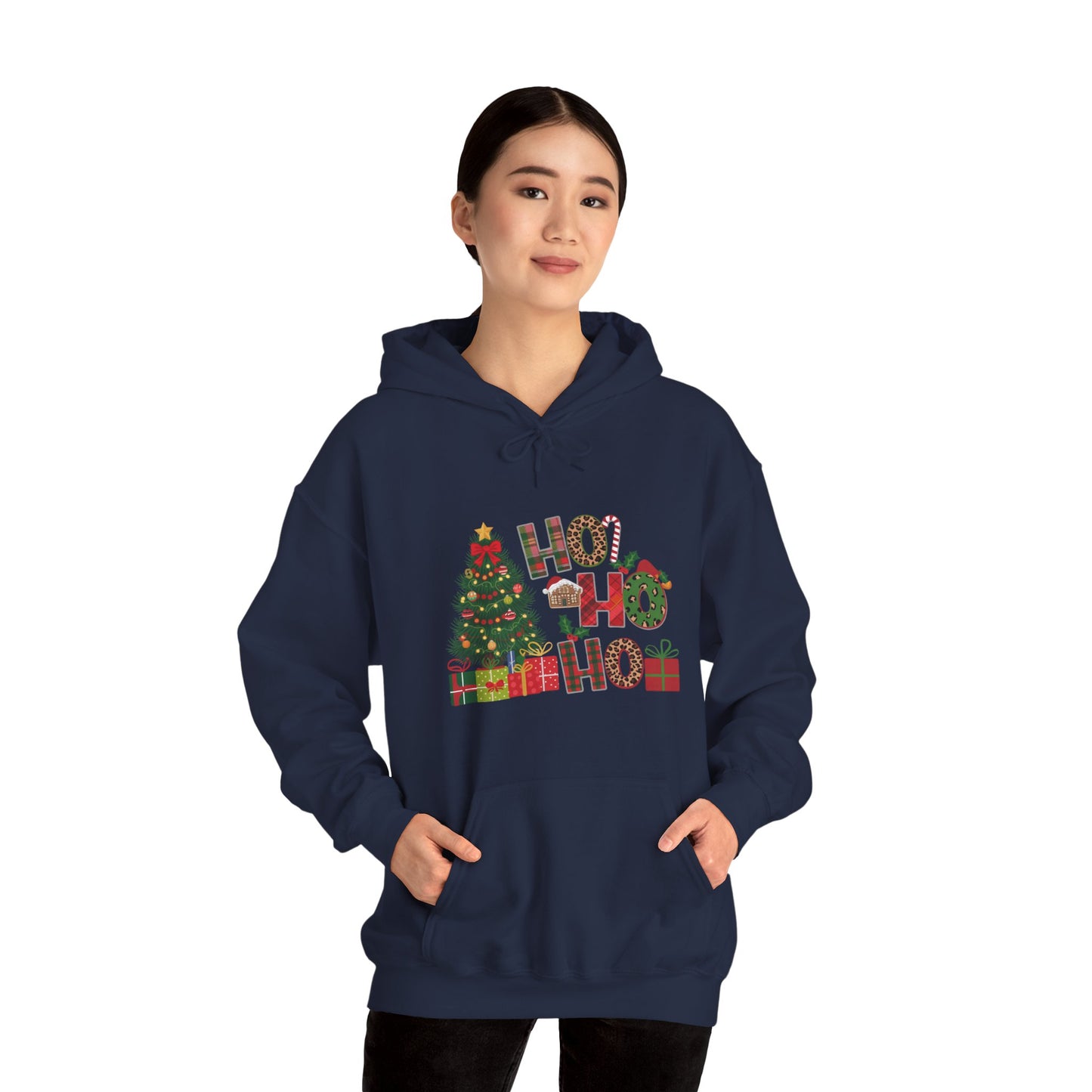 Christmas 'Ho Ho Ho' Hoodie with Tree & Gifts - Festive Holiday Sweatshirt