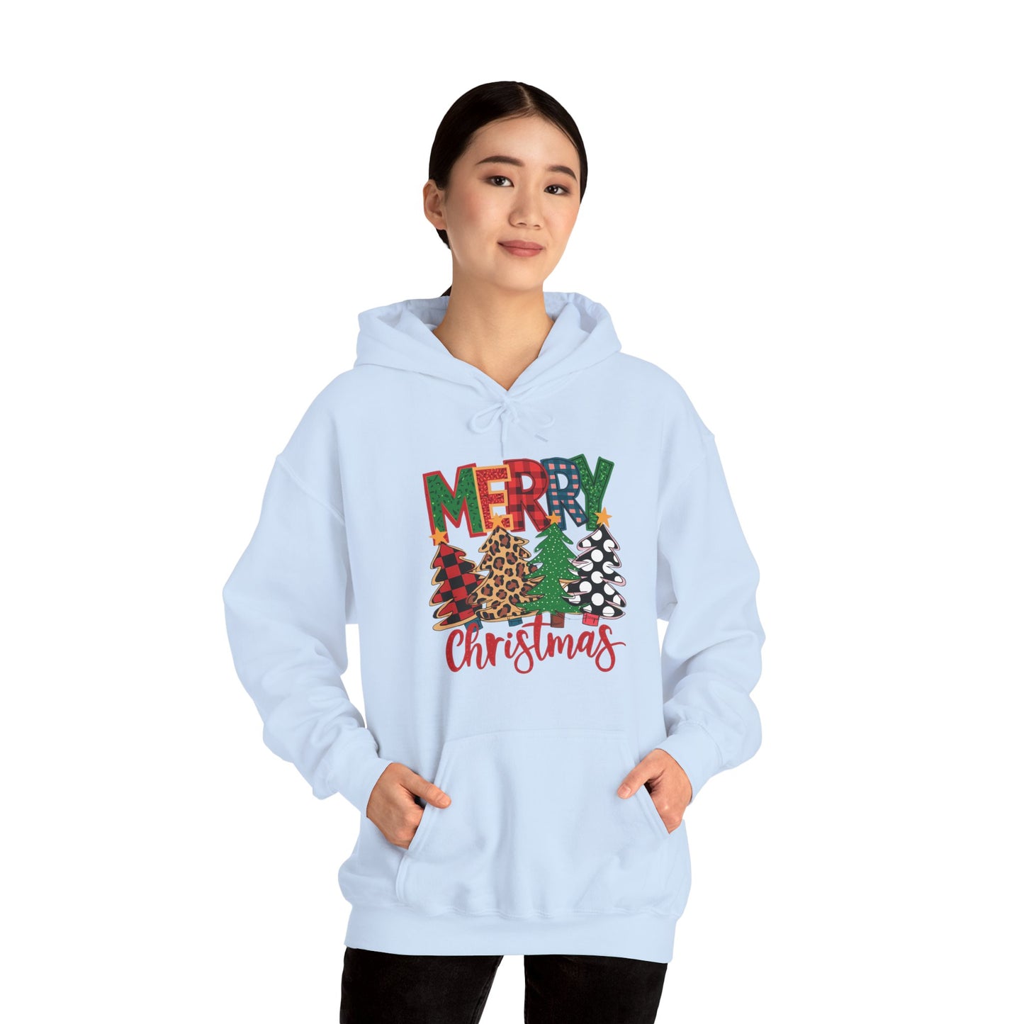 Merry Christmas Pine Tree Hoodie — Festive Buffalo Plaid Holiday Sweatshirt