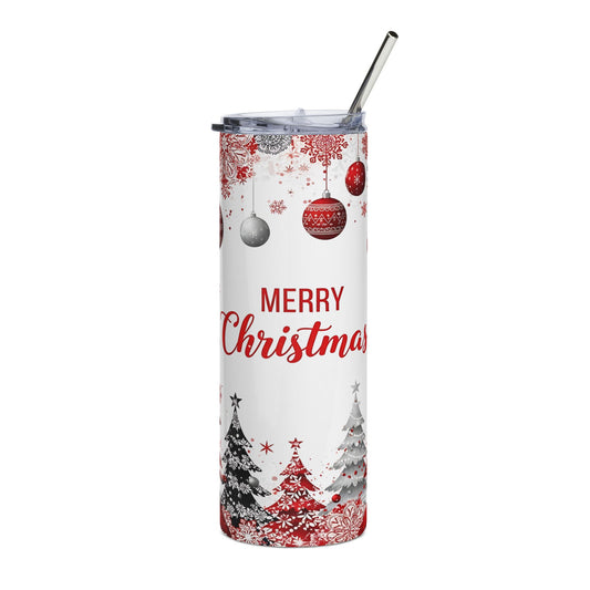Merry Christmas 20oz Stainless Tumbler - Holiday Red Ornament & Tree Travel Cup