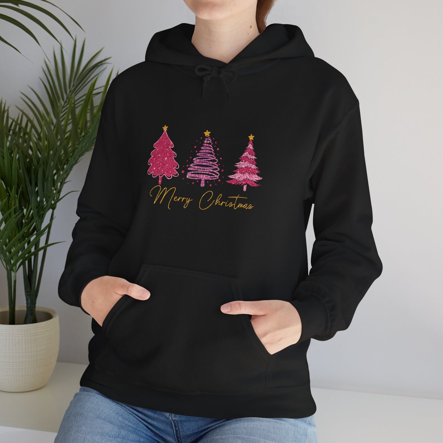 Christmas Pink Tree Hoodie — Merry Christmas Script Holiday Sweatshirt