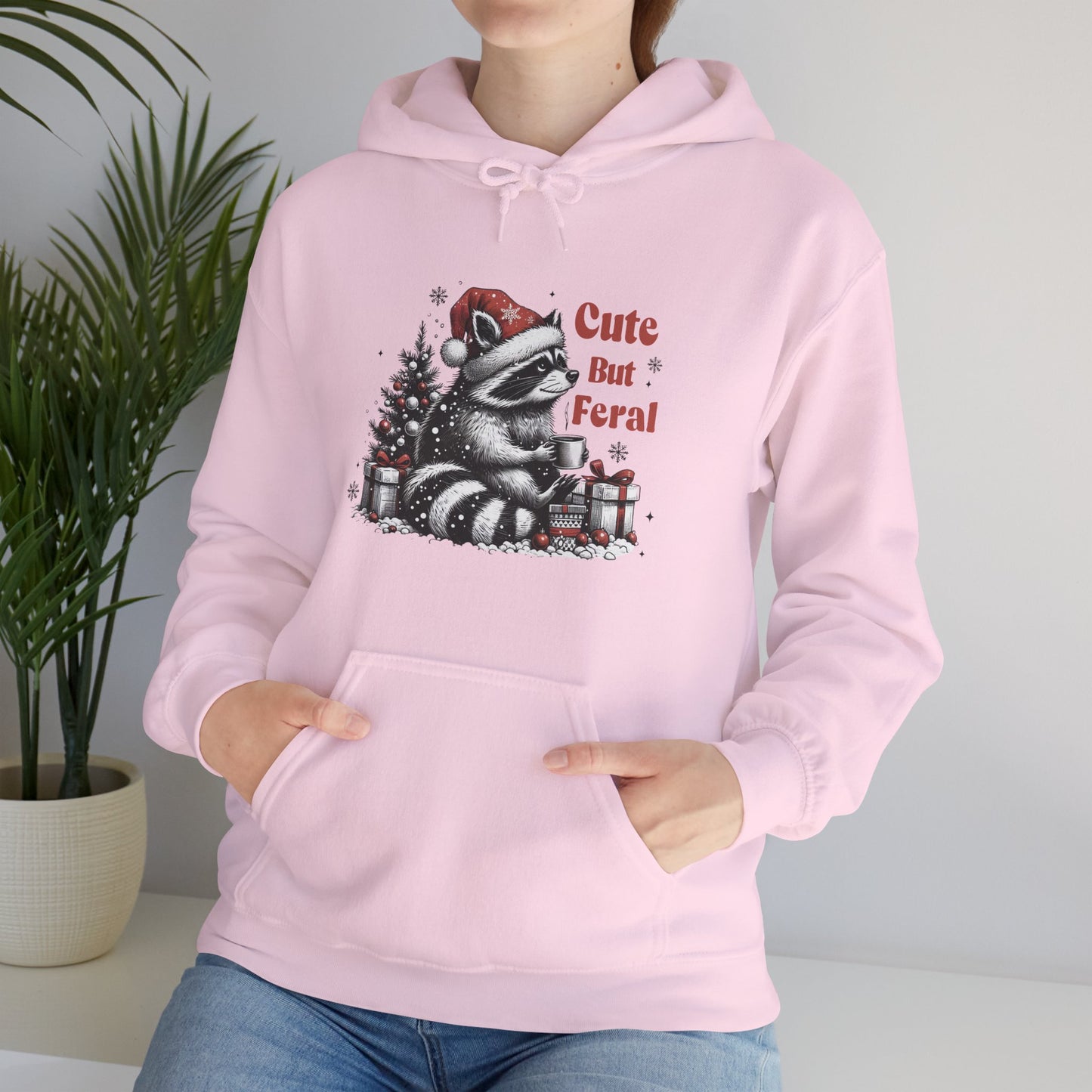 Cute But Feral Raccoon Holiday Hoodie — Christmas Animal Graphic Sweatshirt