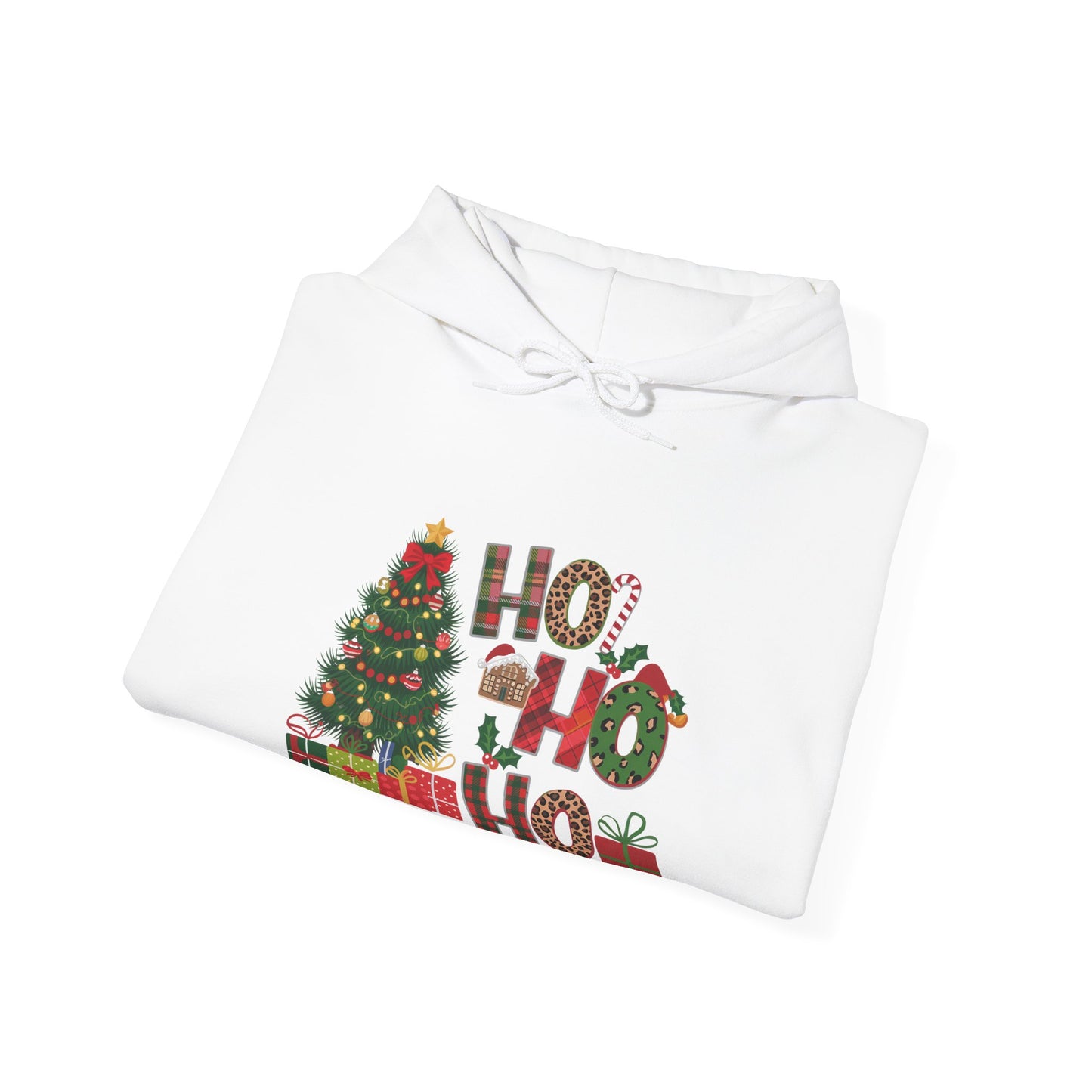 Christmas 'Ho Ho Ho' Hoodie with Tree & Gifts - Festive Holiday Sweatshirt