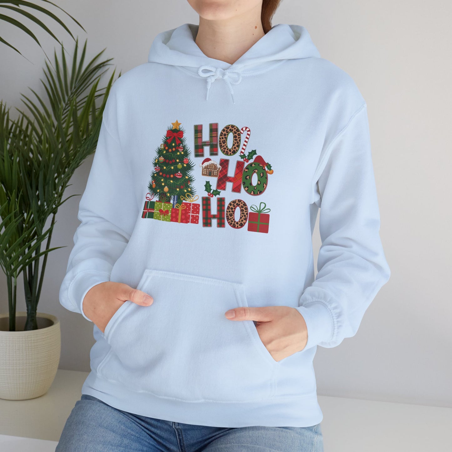 Christmas 'Ho Ho Ho' Hoodie with Tree & Gifts - Festive Holiday Sweatshirt