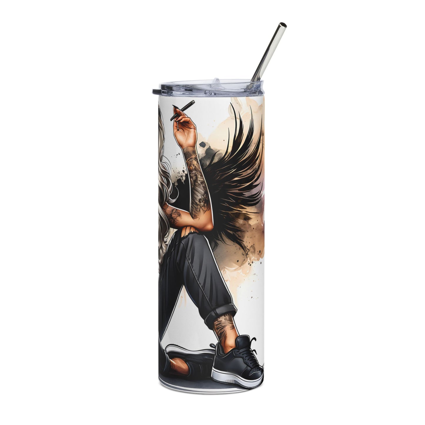 20oz Stainless Steel Tumbler — Edgy Angel Tattoo Design ("Bitch Mode" Accent)