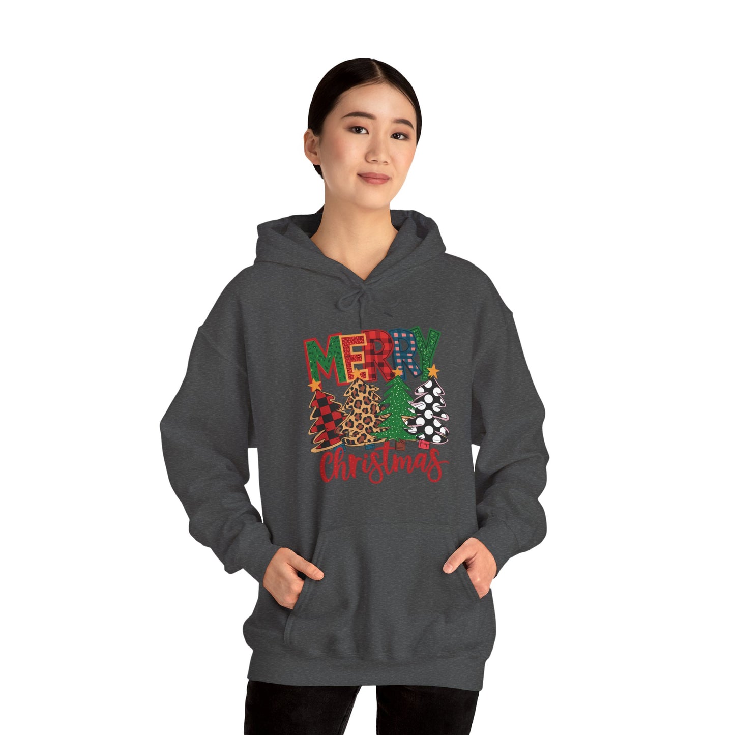 Merry Christmas Pine Tree Hoodie — Festive Buffalo Plaid Holiday Sweatshirt