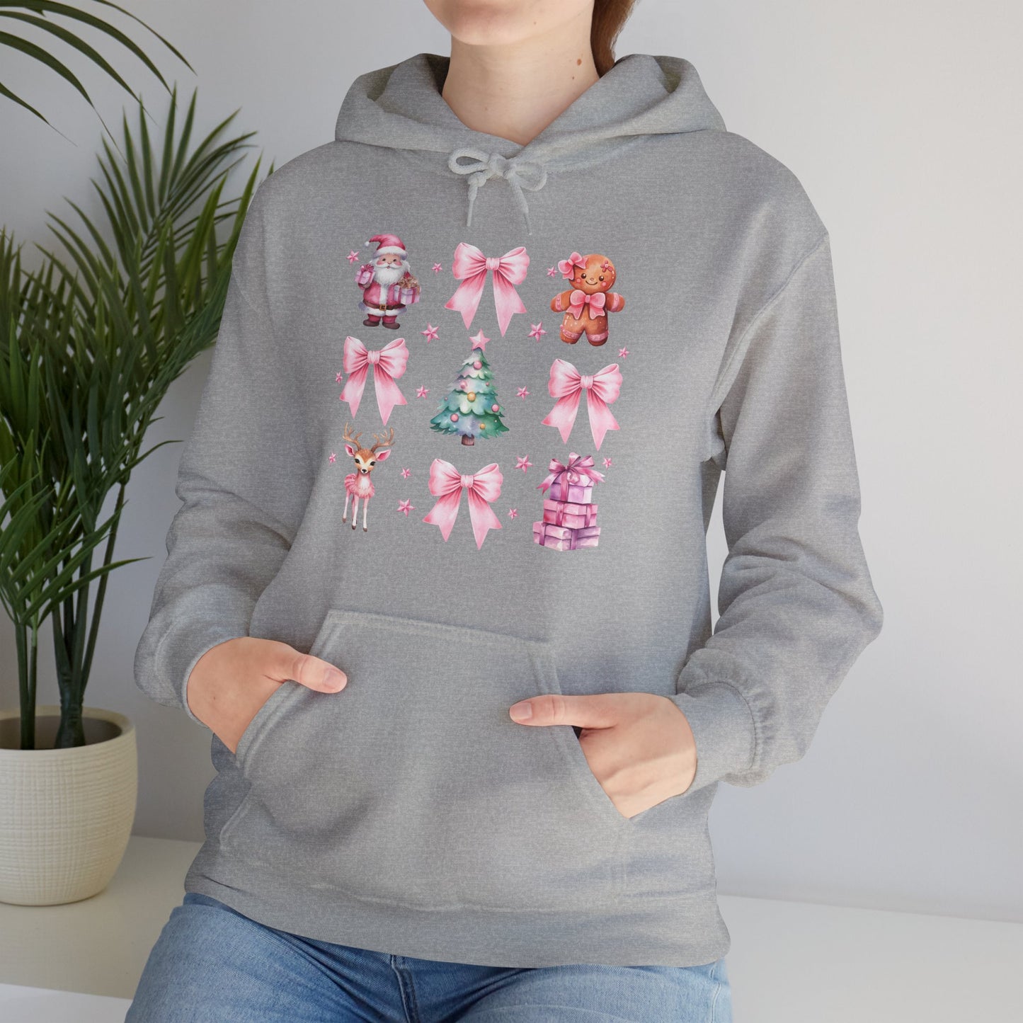Christmas Graphic Hoodie — Pink Holiday Icons (Santa, Tree, Gingerbread, Bows)