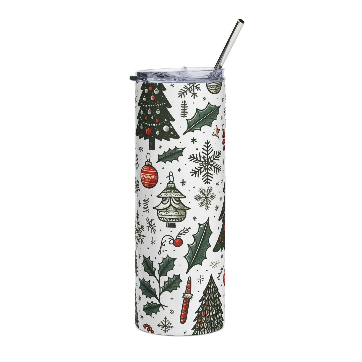 Christmas Holiday Skinny Tumbler 20oz — Festive Tree & Ornaments Stainless Steel Travel Cup