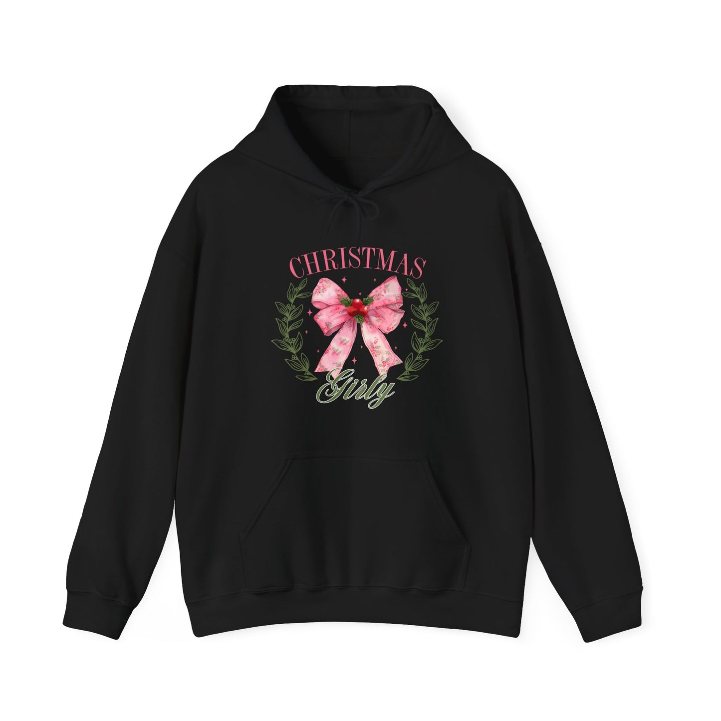 Christmas Girly Hoodie – Pink Bow Wreath Holiday Sweatshirt