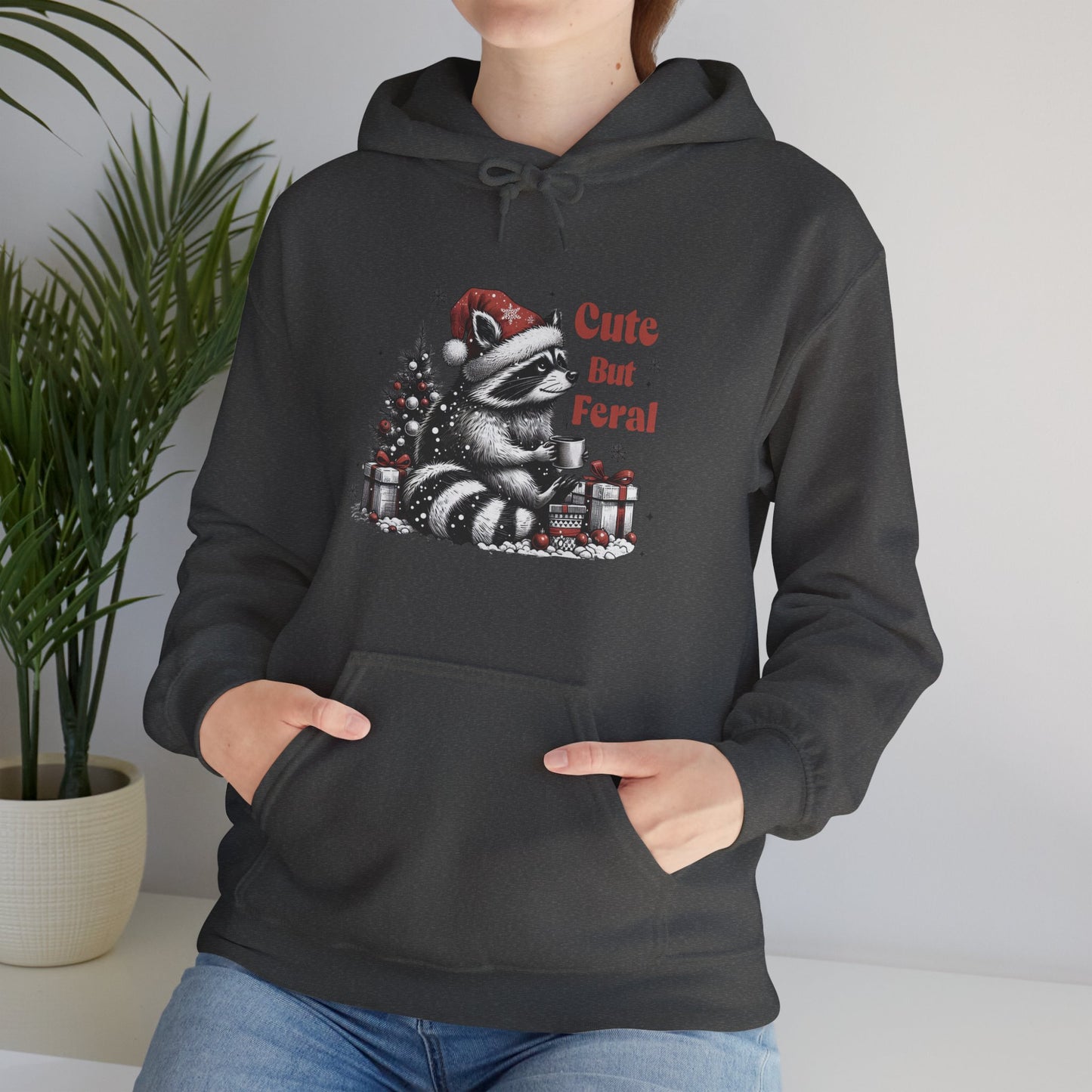 Cute But Feral Raccoon Holiday Hoodie — Christmas Animal Graphic Sweatshirt