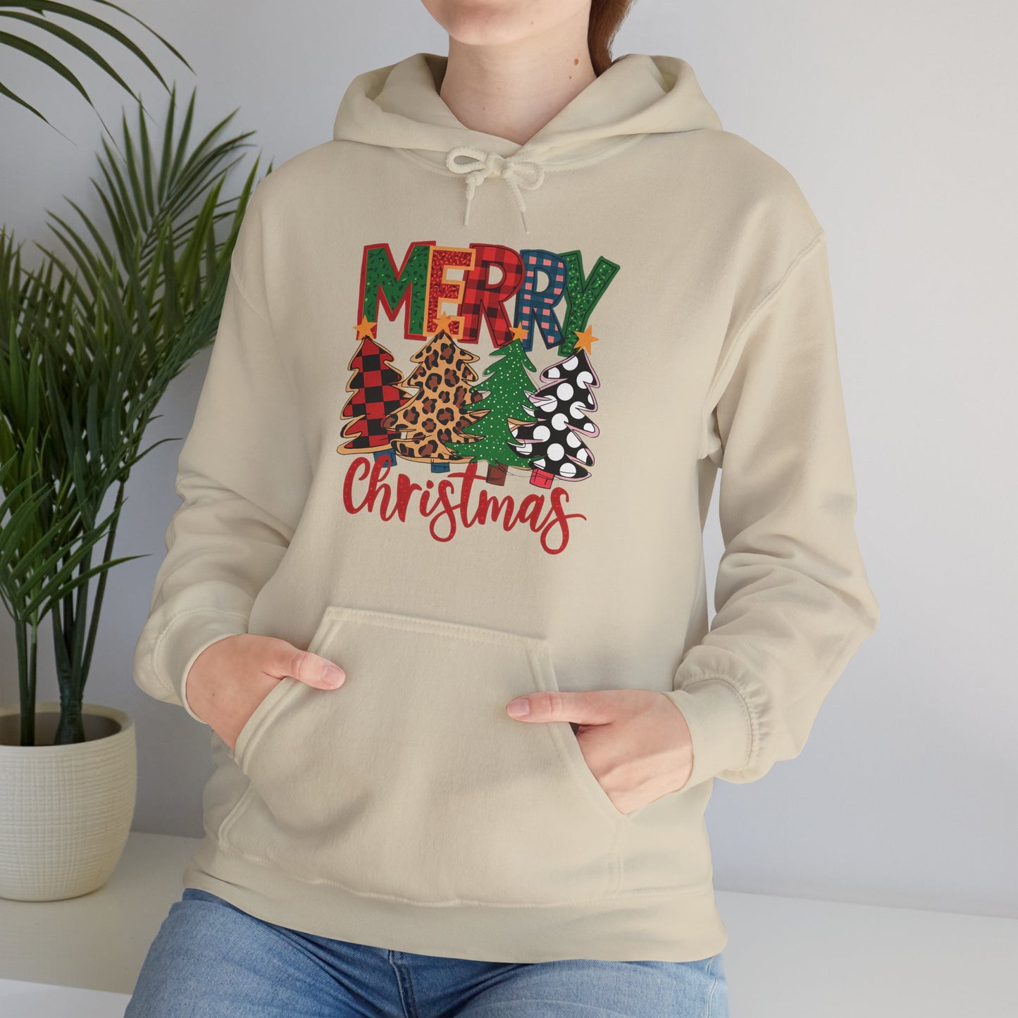 Merry Christmas Pine Tree Hoodie — Festive Buffalo Plaid Holiday Sweatshirt