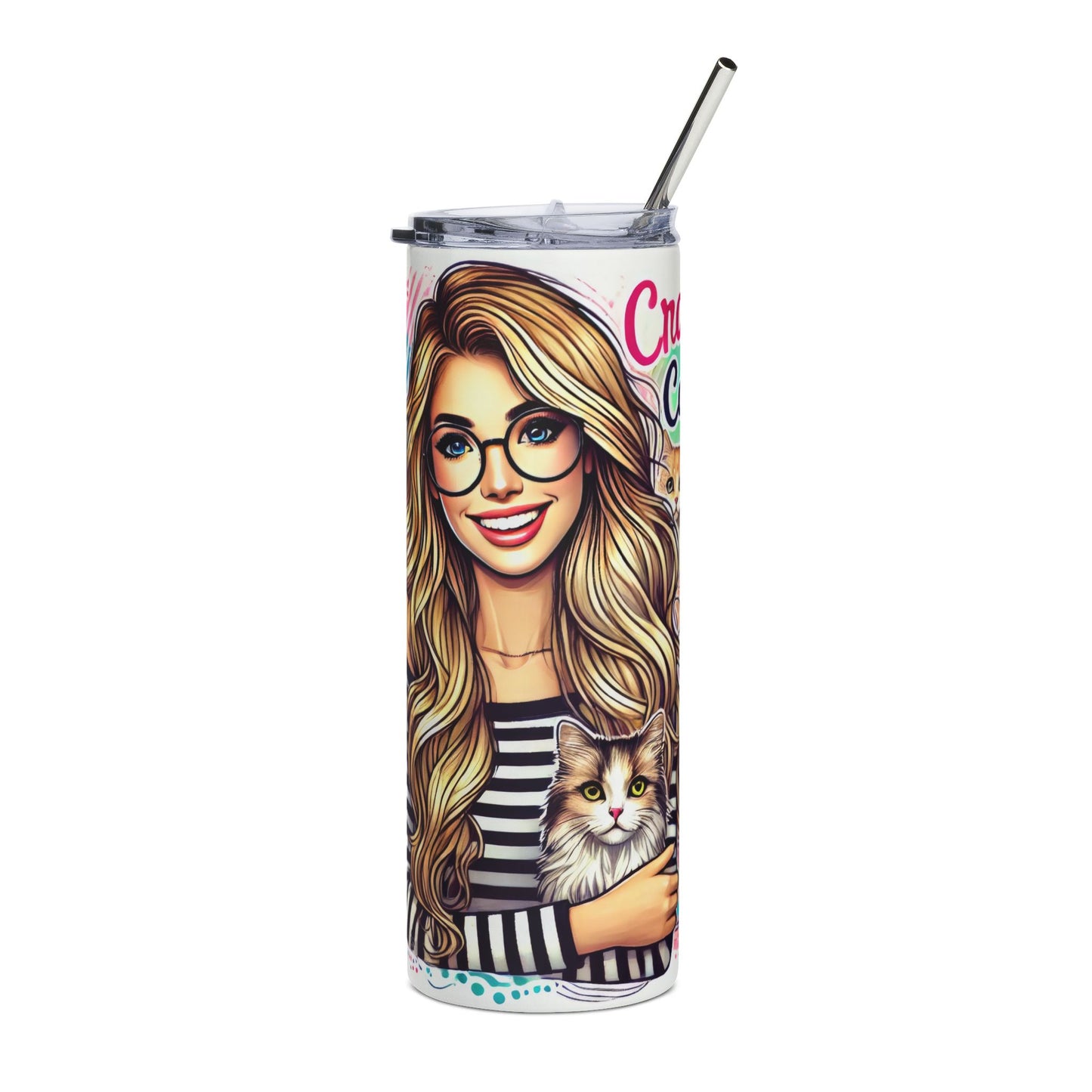 20oz Stainless Steel Tumbler — Cute Blonde Girl with Cats Illustrated Travel Cup