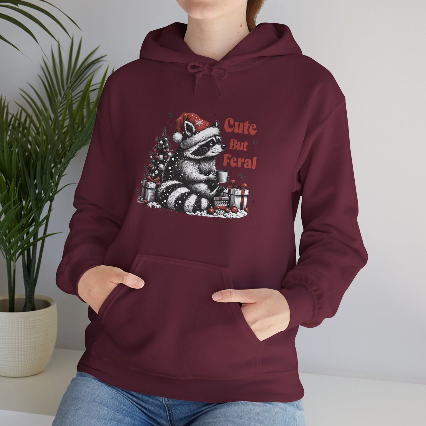 Cute But Feral Raccoon Holiday Hoodie — Christmas Animal Graphic Sweatshirt