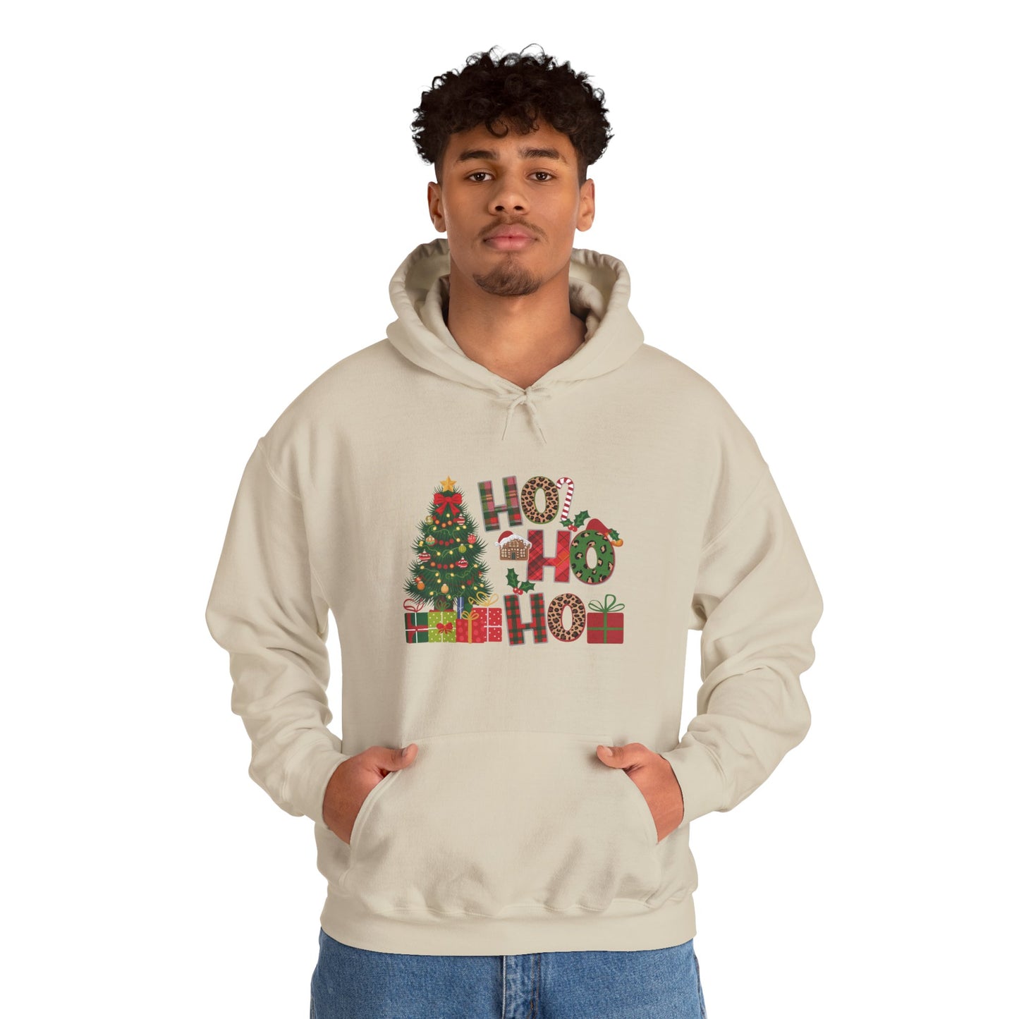 Christmas 'Ho Ho Ho' Hoodie with Tree & Gifts - Festive Holiday Sweatshirt