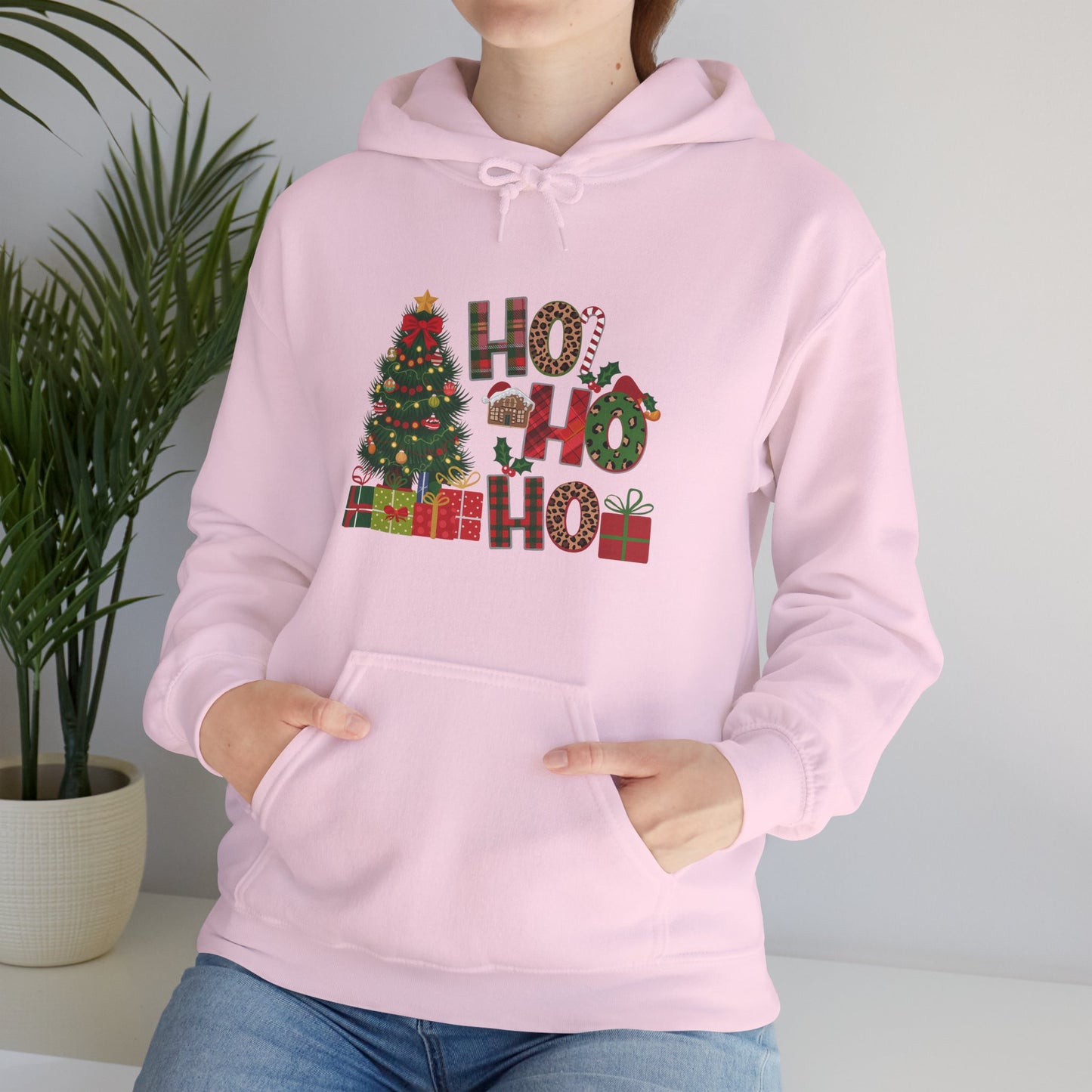 Christmas 'Ho Ho Ho' Hoodie with Tree & Gifts - Festive Holiday Sweatshirt