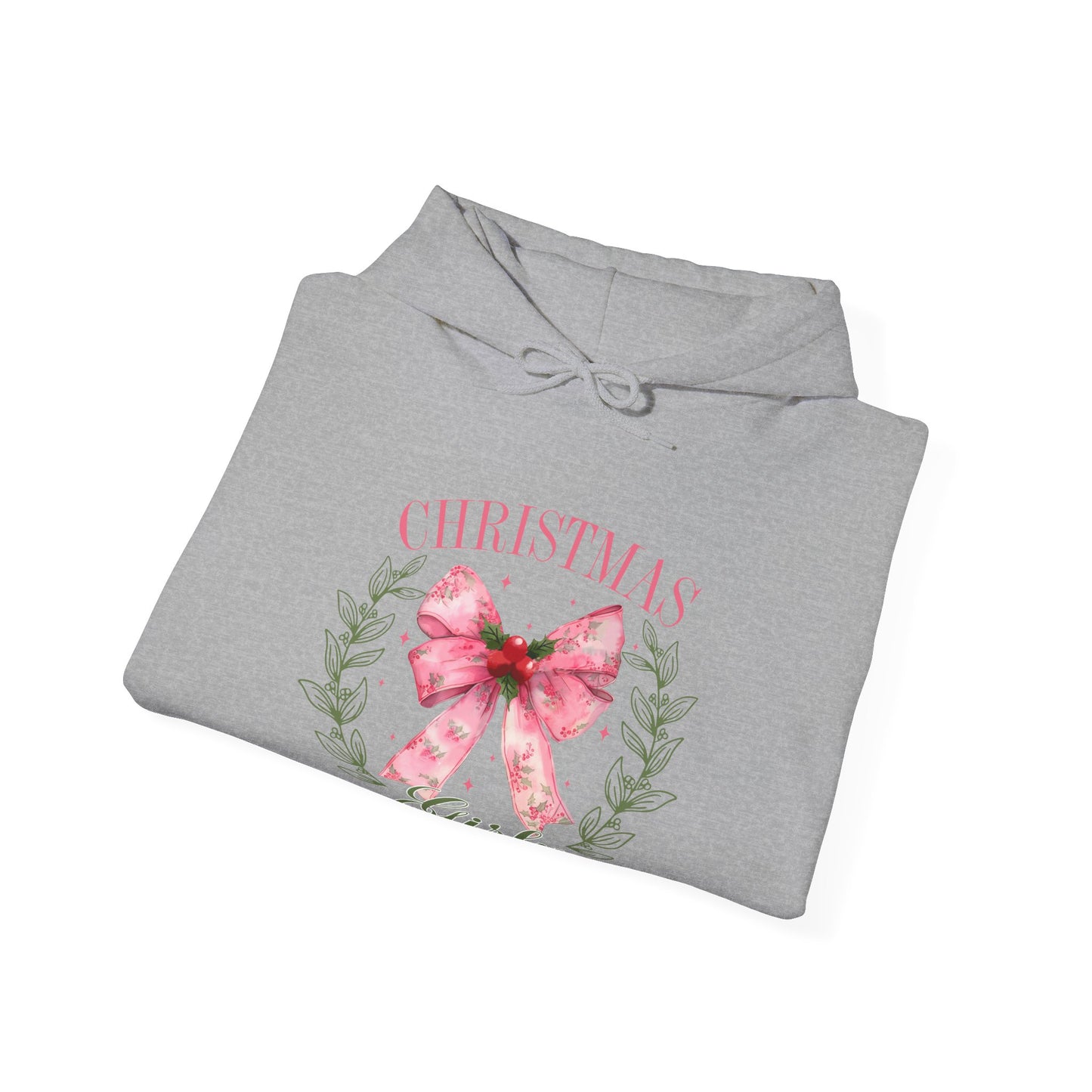 Christmas Girly Hoodie – Pink Bow Wreath Holiday Sweatshirt