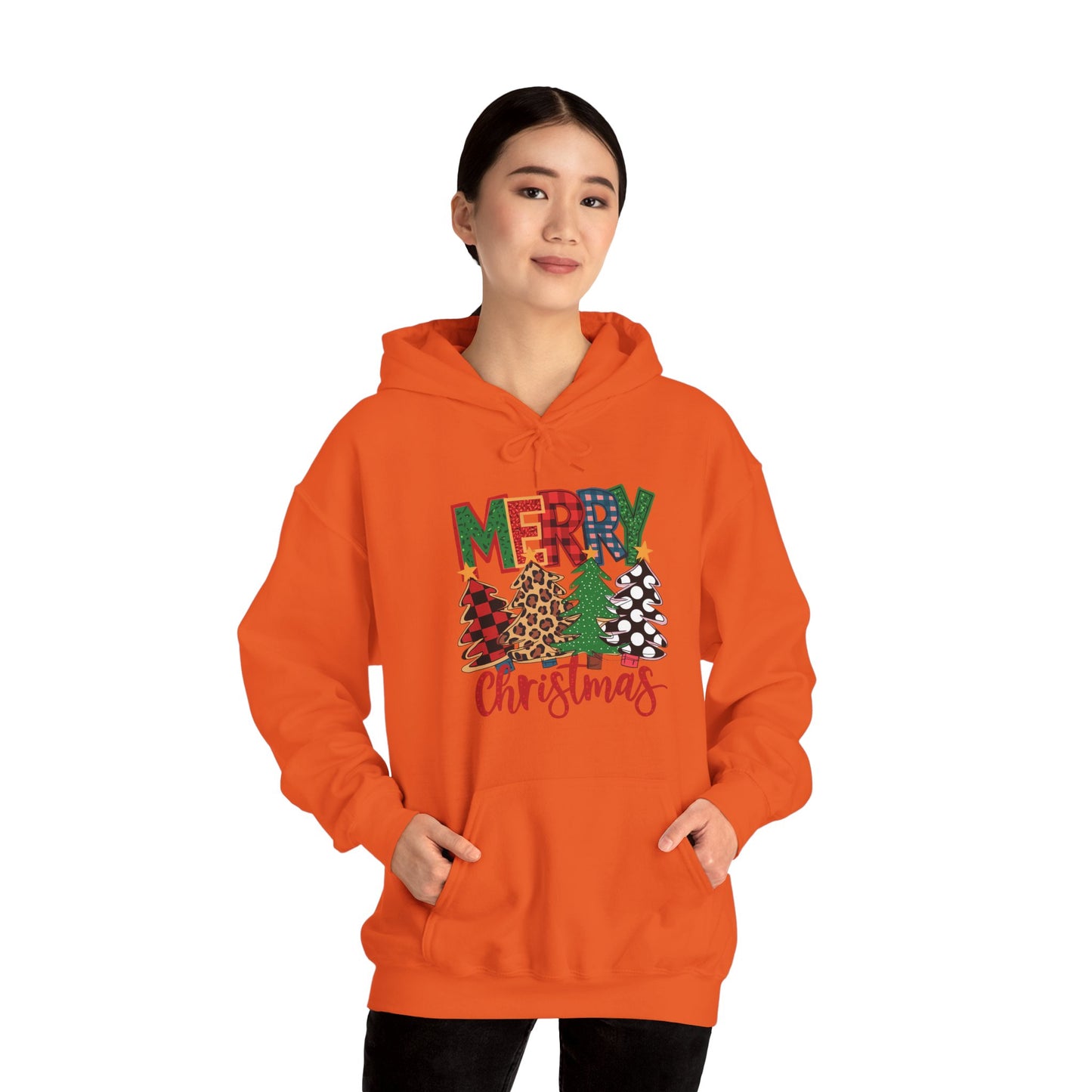Merry Christmas Pine Tree Hoodie — Festive Buffalo Plaid Holiday Sweatshirt