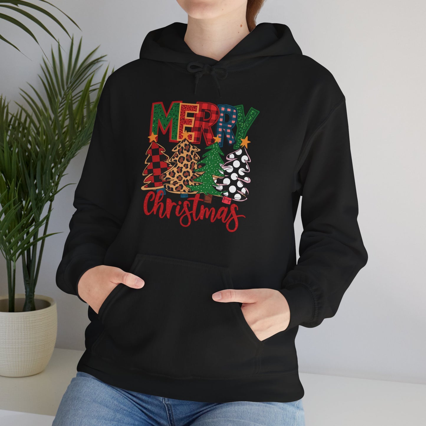 Merry Christmas Pine Tree Hoodie — Festive Buffalo Plaid Holiday Sweatshirt