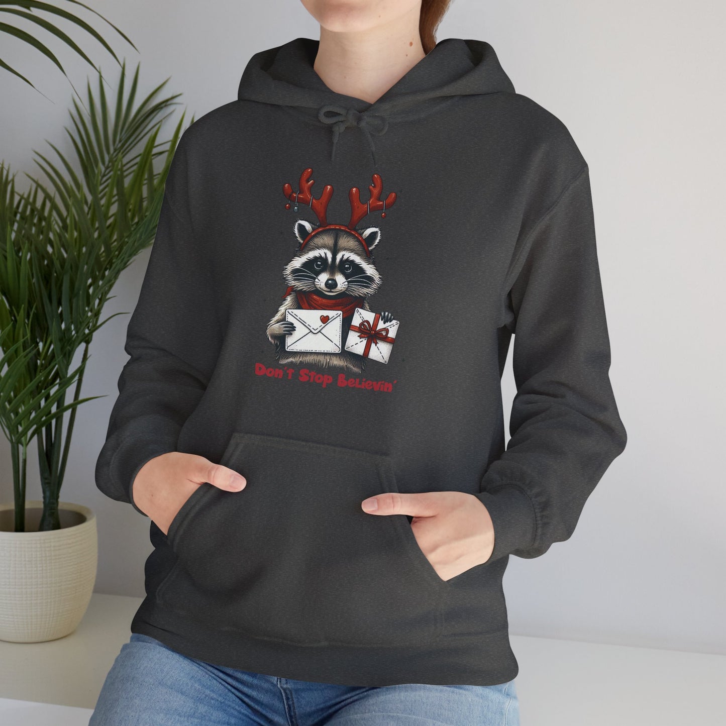 Christmas Raccoon Hoodie — 'Don't Stop Believin'' Festive Holiday Sweatshirt