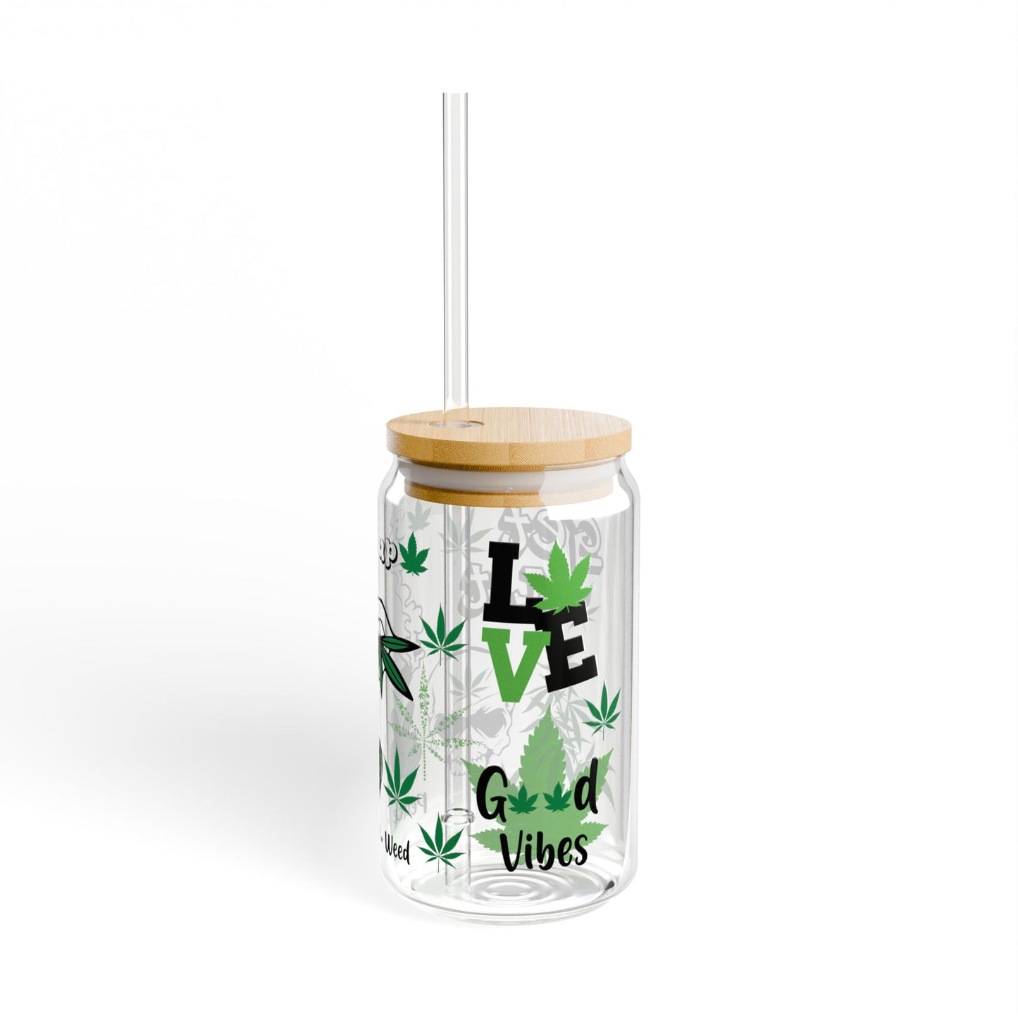 Glass Sipper Cup — 'Roll Up / Get Lit' Cannabis Leaf Design, 16oz
