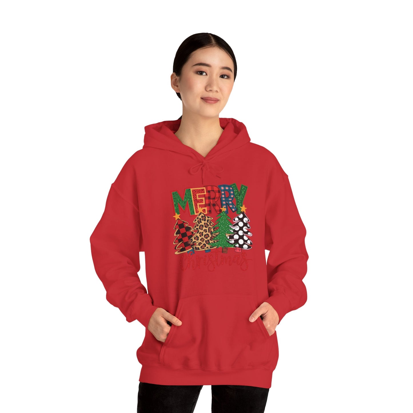 Merry Christmas Pine Tree Hoodie — Festive Buffalo Plaid Holiday Sweatshirt