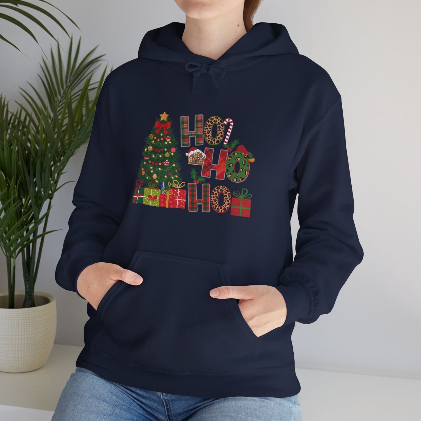 Christmas 'Ho Ho Ho' Hoodie with Tree & Gifts - Festive Holiday Sweatshirt
