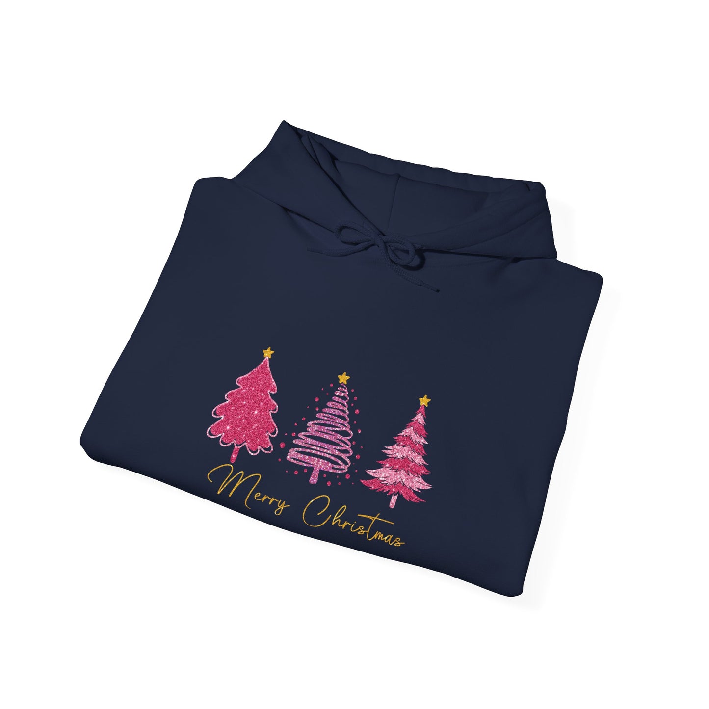 Christmas Pink Tree Hoodie — Merry Christmas Script Holiday Sweatshirt