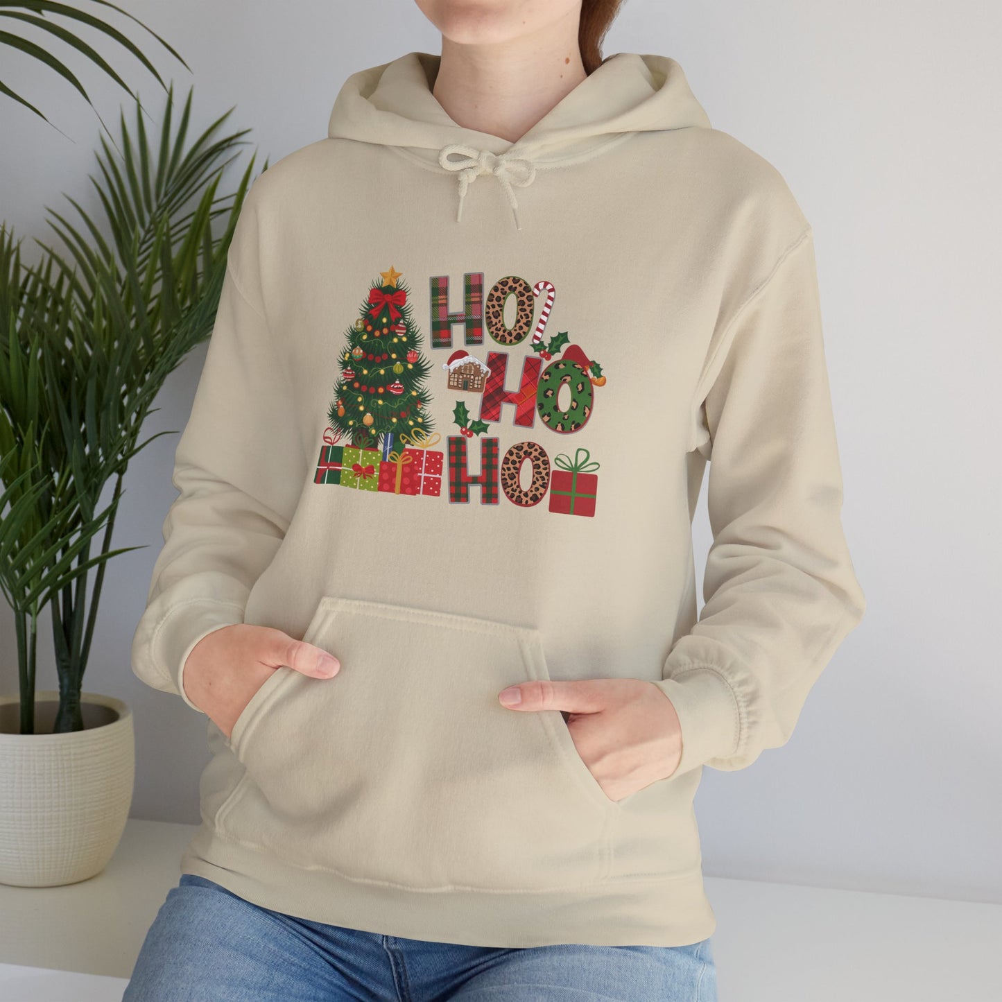 Christmas 'Ho Ho Ho' Hoodie with Tree & Gifts - Festive Holiday Sweatshirt