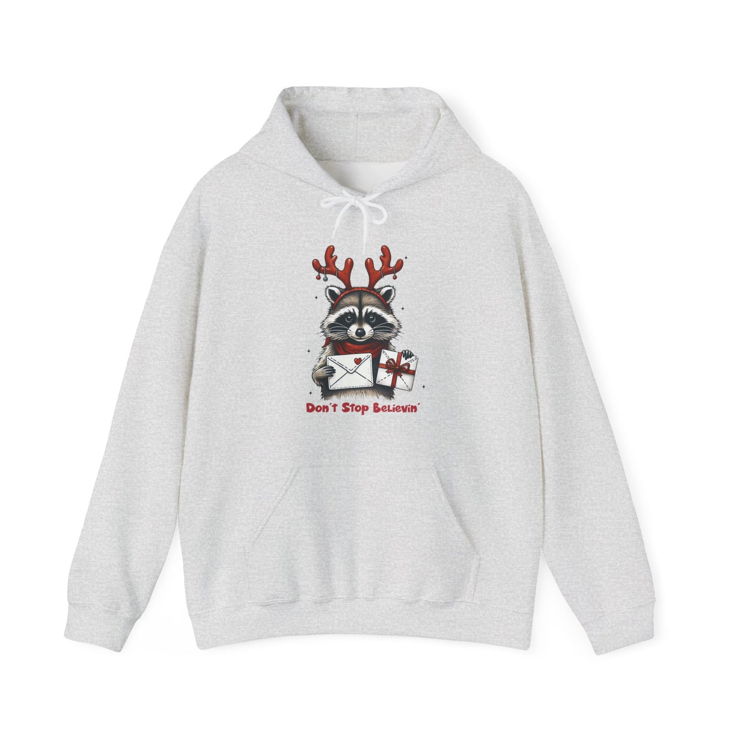 Christmas Raccoon Hoodie — 'Don't Stop Believin'' Festive Holiday Sweatshirt