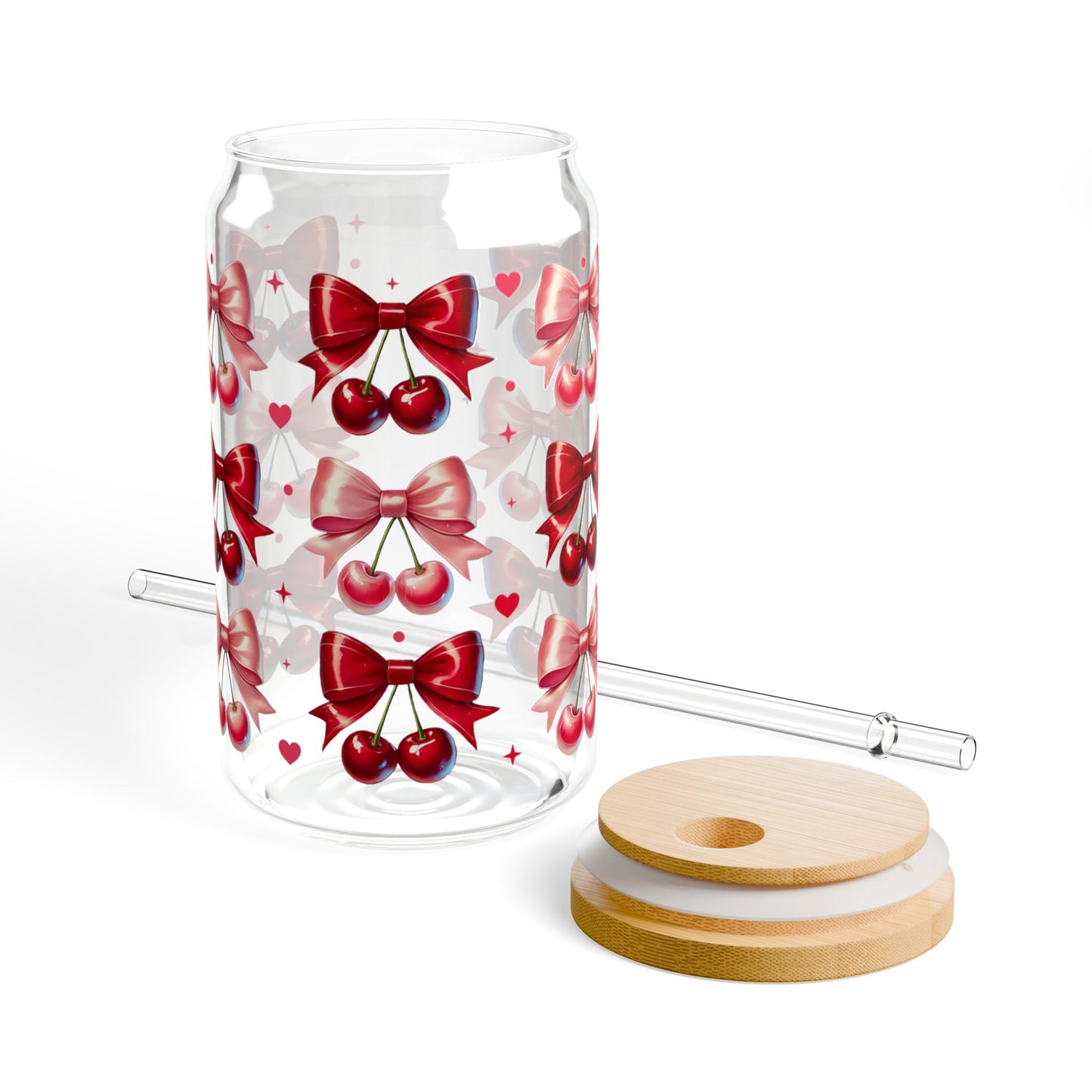 16oz Glass Sipper with Red Bow & Hearts — Valentines Straw Tumbler