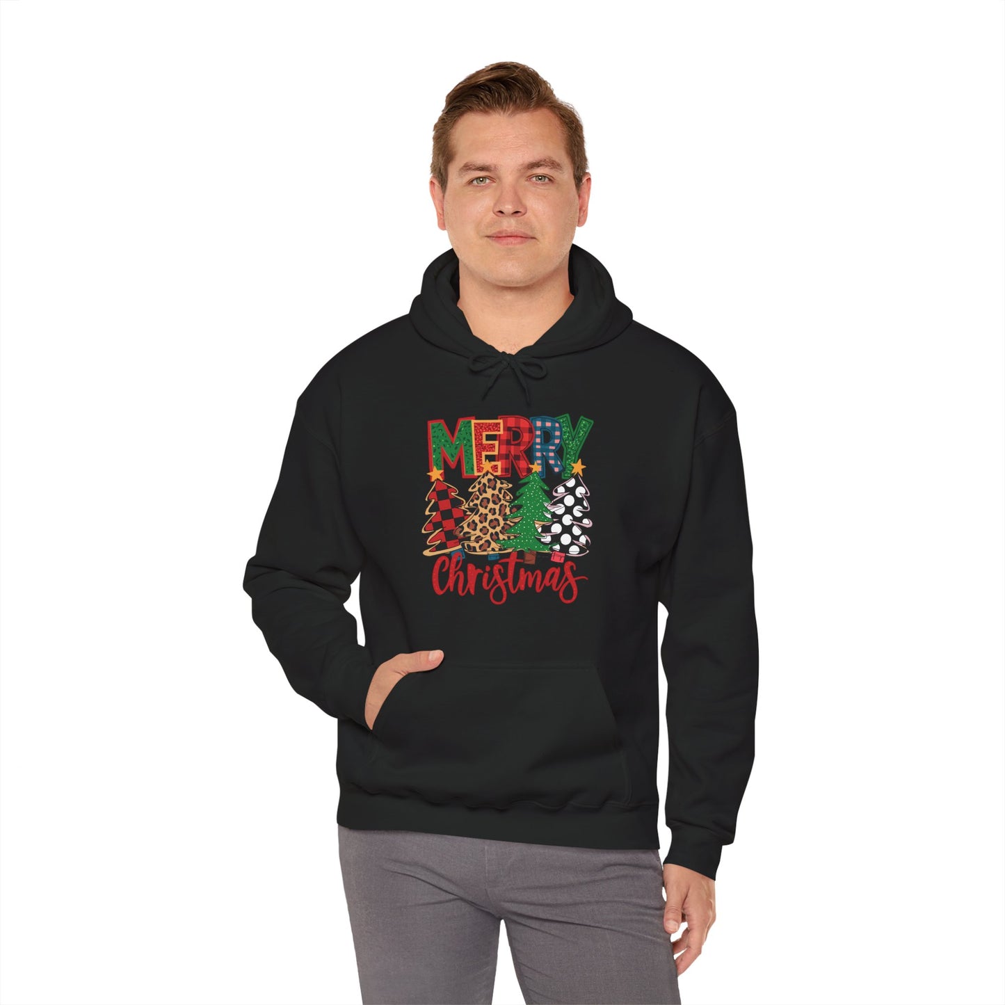 Merry Christmas Pine Tree Hoodie — Festive Buffalo Plaid Holiday Sweatshirt