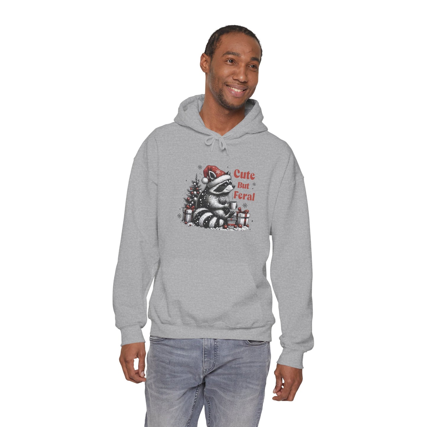 Cute But Feral Raccoon Holiday Hoodie — Christmas Animal Graphic Sweatshirt