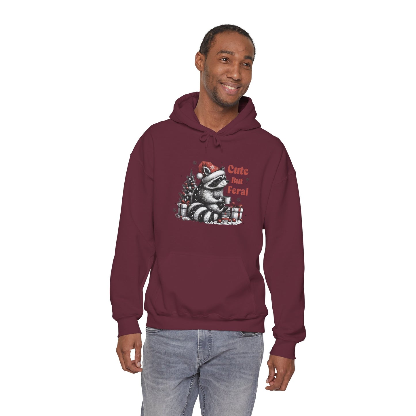Cute But Feral Raccoon Holiday Hoodie — Christmas Animal Graphic Sweatshirt