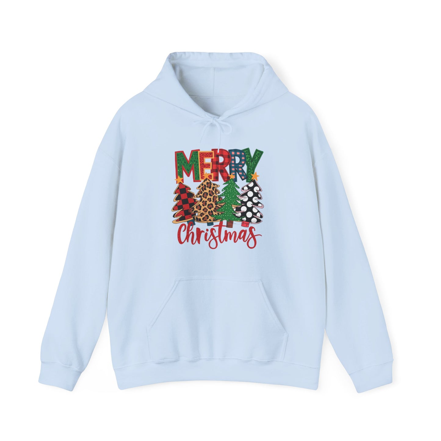 Merry Christmas Pine Tree Hoodie — Festive Buffalo Plaid Holiday Sweatshirt
