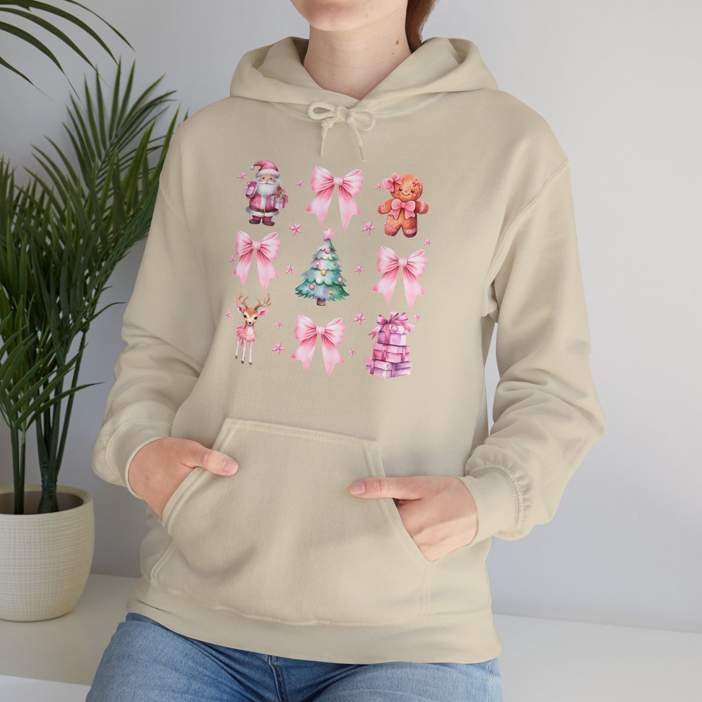 Christmas Graphic Hoodie — Pink Holiday Icons (Santa, Tree, Gingerbread, Bows)