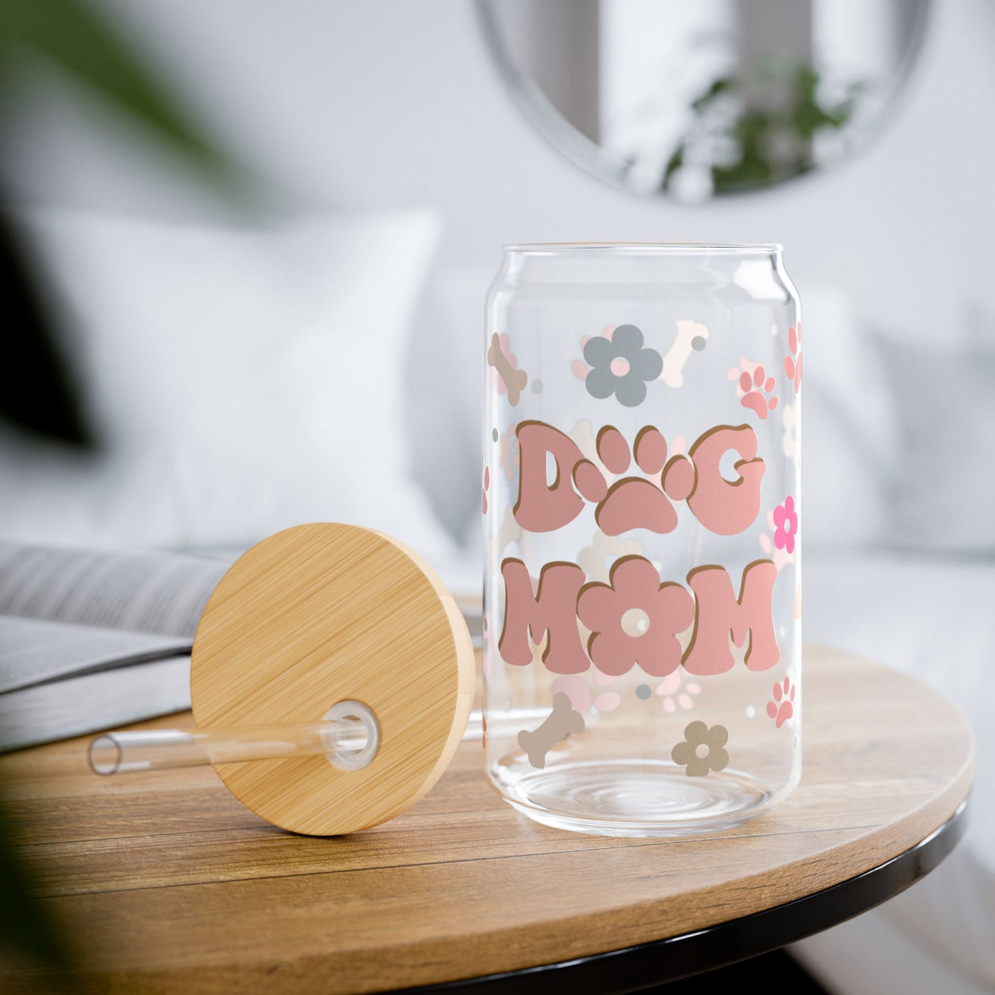 Dog Mom Floral Sipper Glass – 16oz Mason Jar Tumbler with Straw