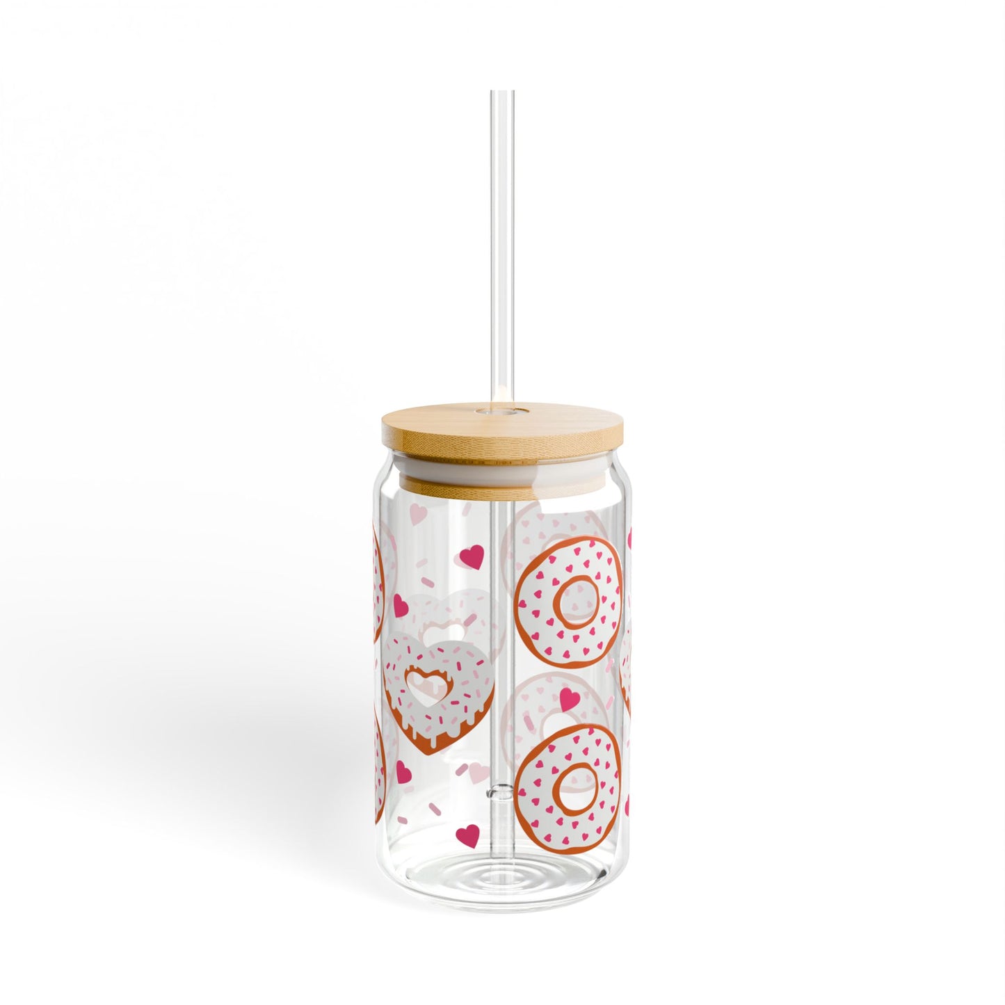 Donut Hearts 16oz Sipper Glass — Clear Tumbler with Straw & Bamboo Lid