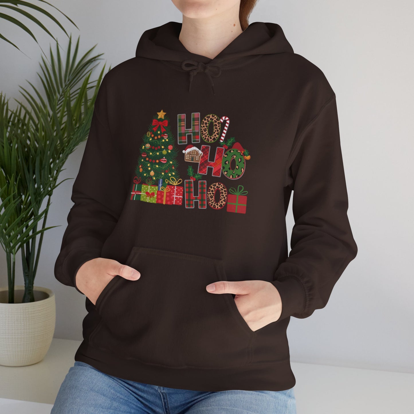 Christmas 'Ho Ho Ho' Hoodie with Tree & Gifts - Festive Holiday Sweatshirt