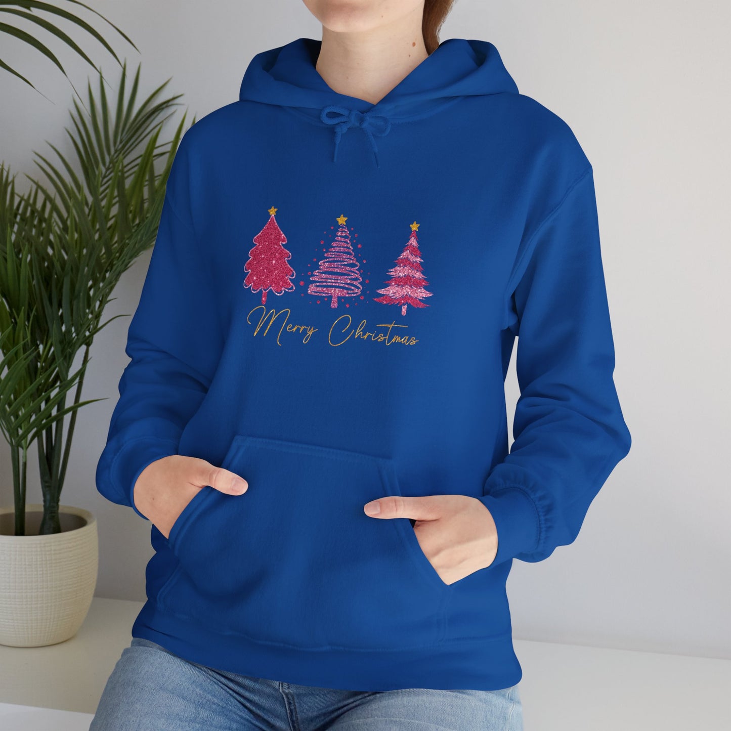 Christmas Pink Tree Hoodie — Merry Christmas Script Holiday Sweatshirt