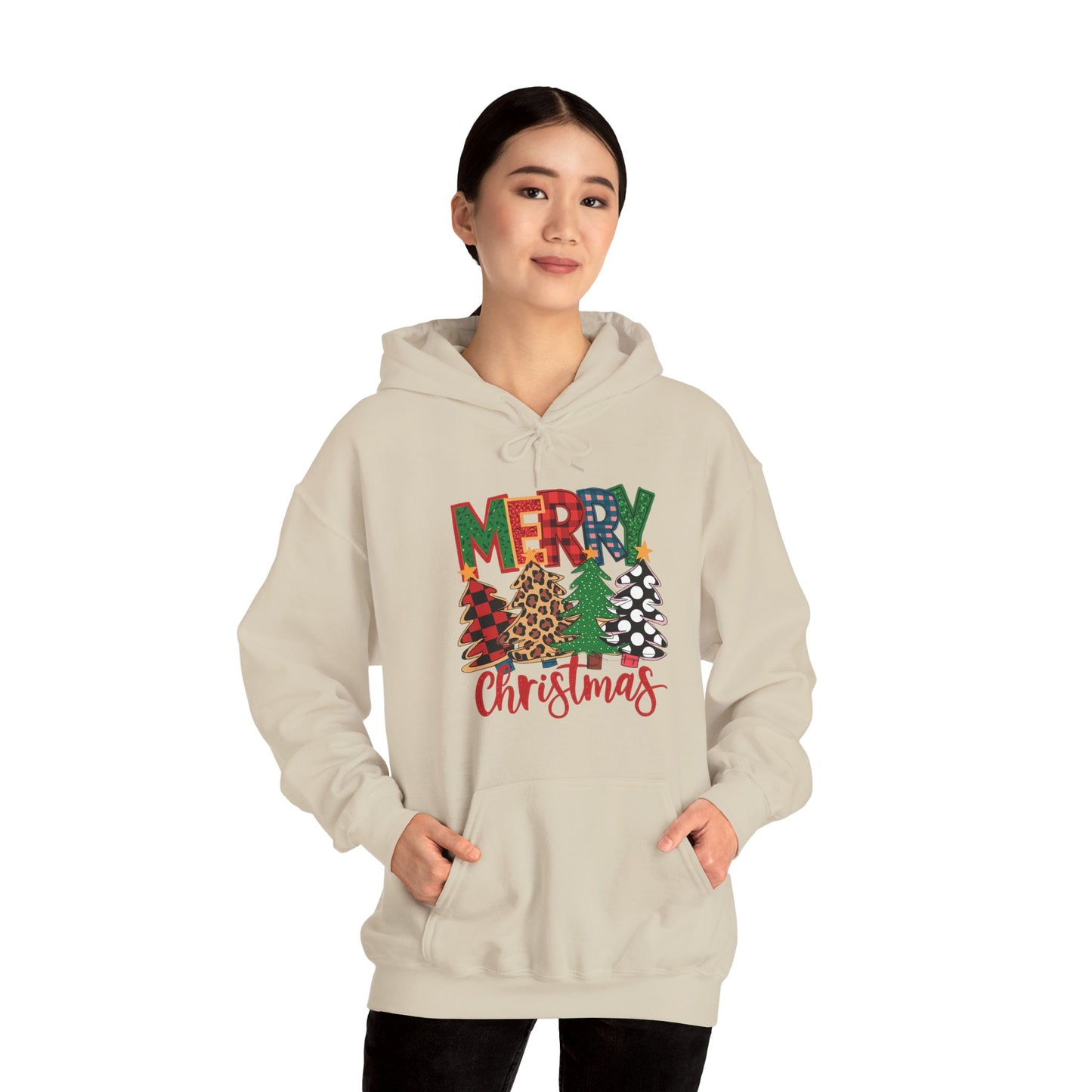 Merry Christmas Pine Tree Hoodie — Festive Buffalo Plaid Holiday Sweatshirt